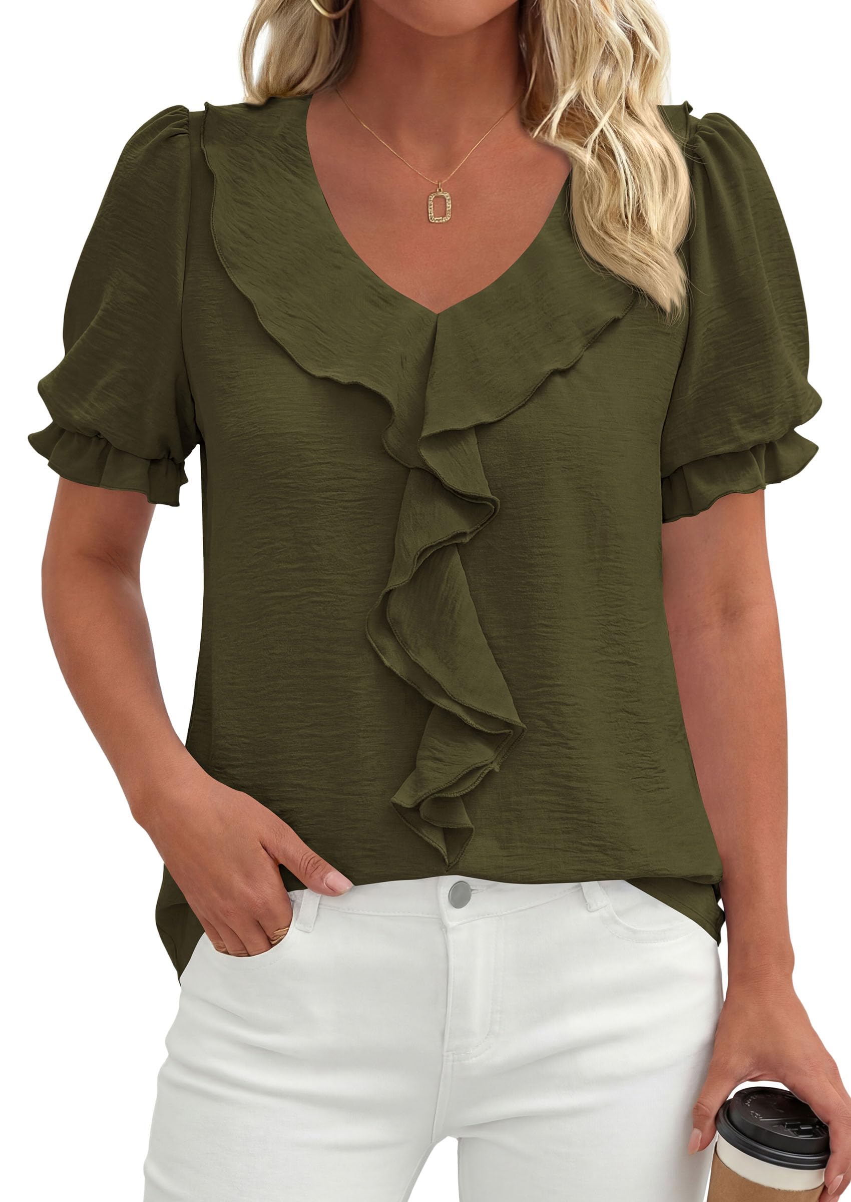Women's Summer Ruffle Dressy Casual Blouses (Army Green,S)