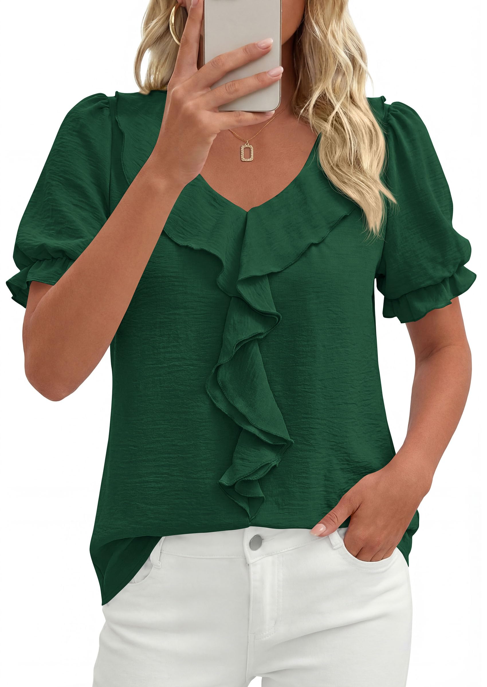 Women's Summer Ruffle Dressy Casual Blouses (Dark Green,S)