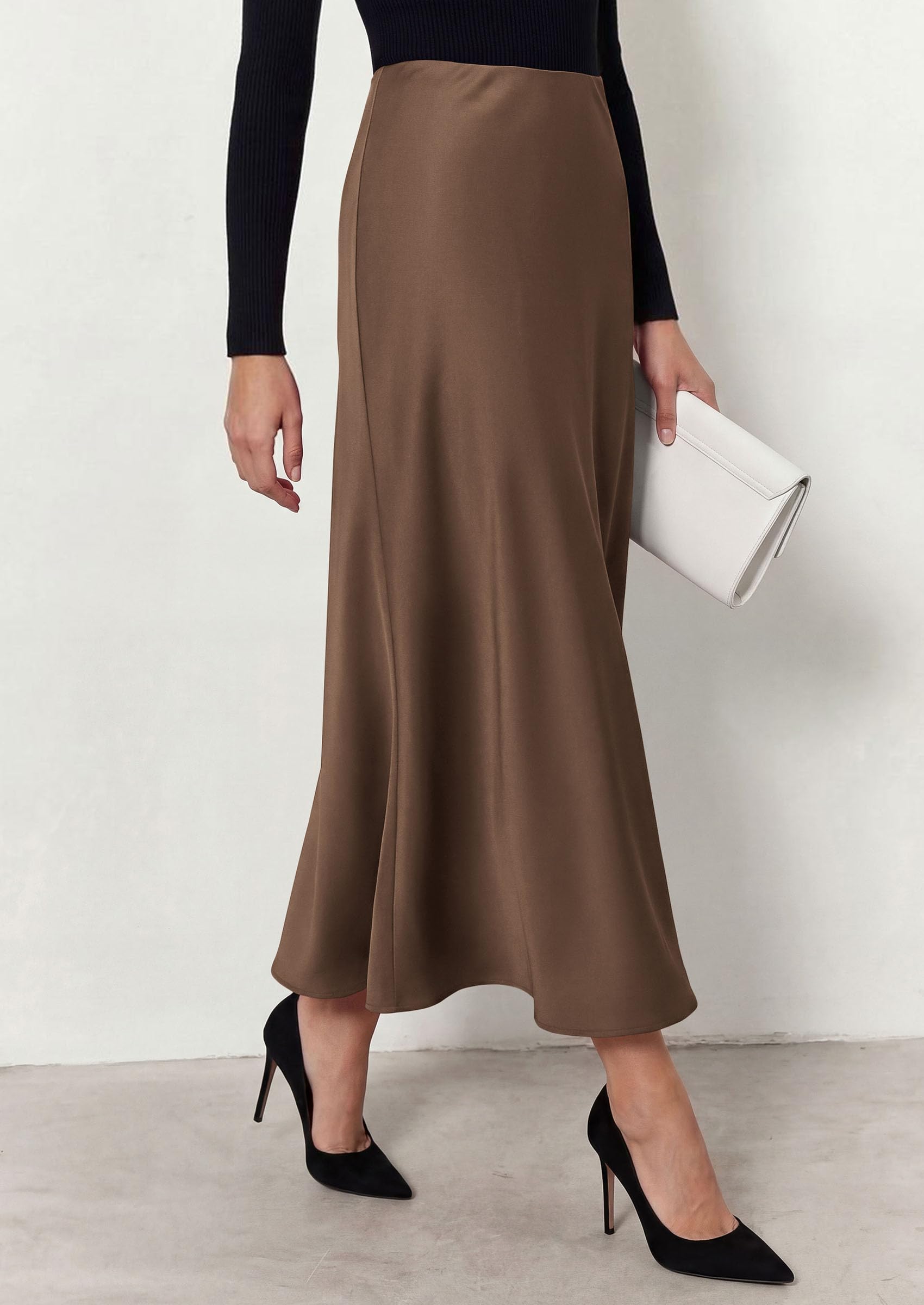 Women's Silk Satin Maxi Skirts Fall Clothes (Brown,L)