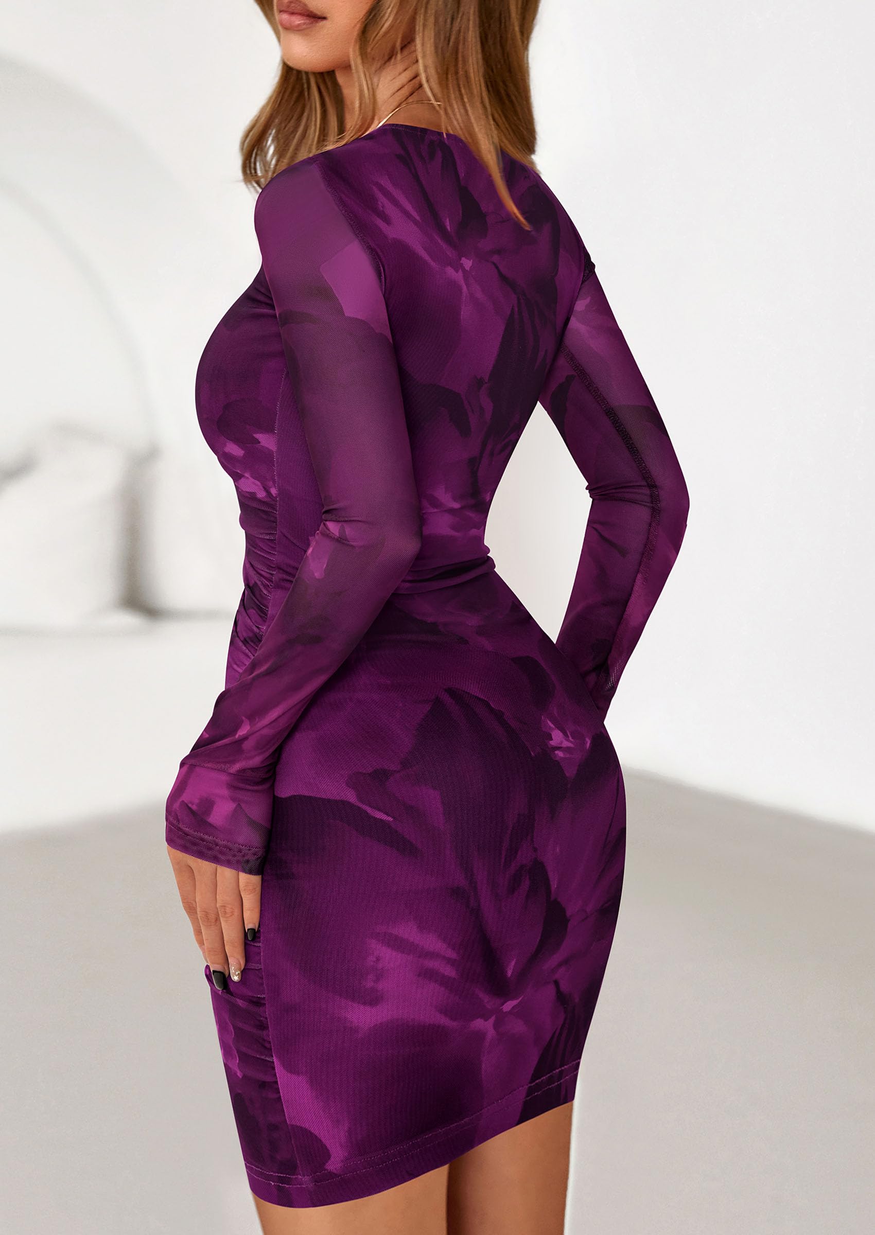 Mesh Mini Dresses for Women Long Sleeve Floral Purple,XS