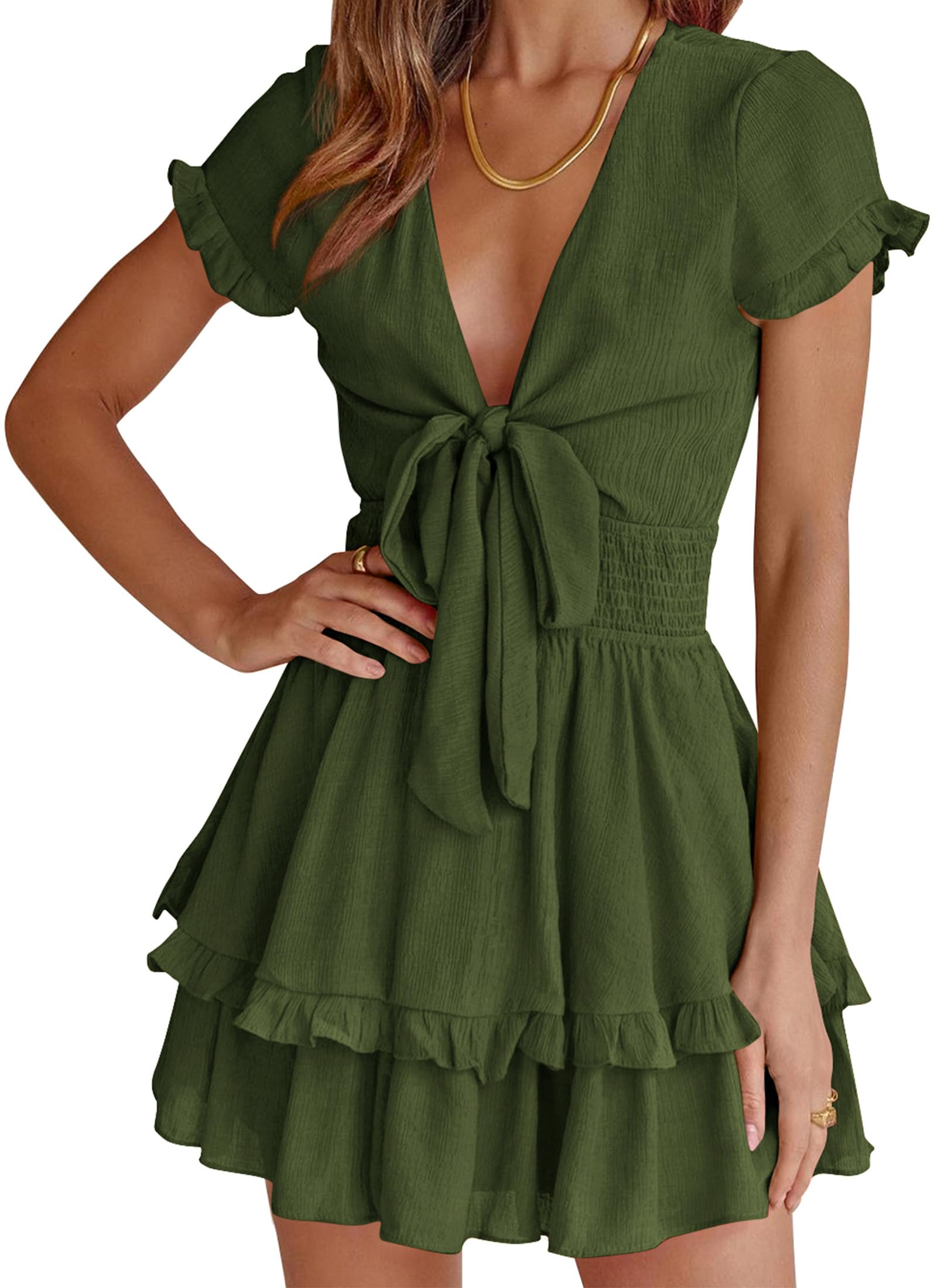 Women's Boho Floral Mini Tiered Bow Dress, Olive Green,S
