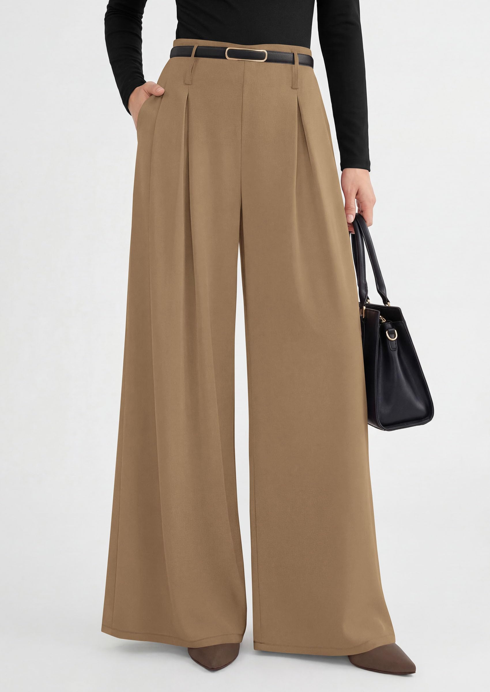 Womens Wide Leg Dress Pants Flowy Trousers,Khaki,S