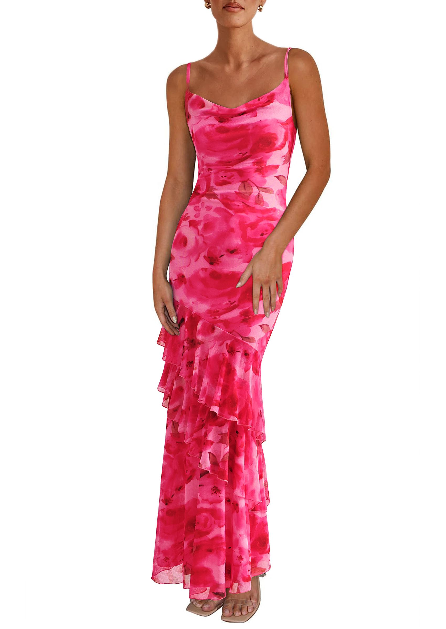 Women's Boho Floral Tiered Maxi Dress, Print Pink,M