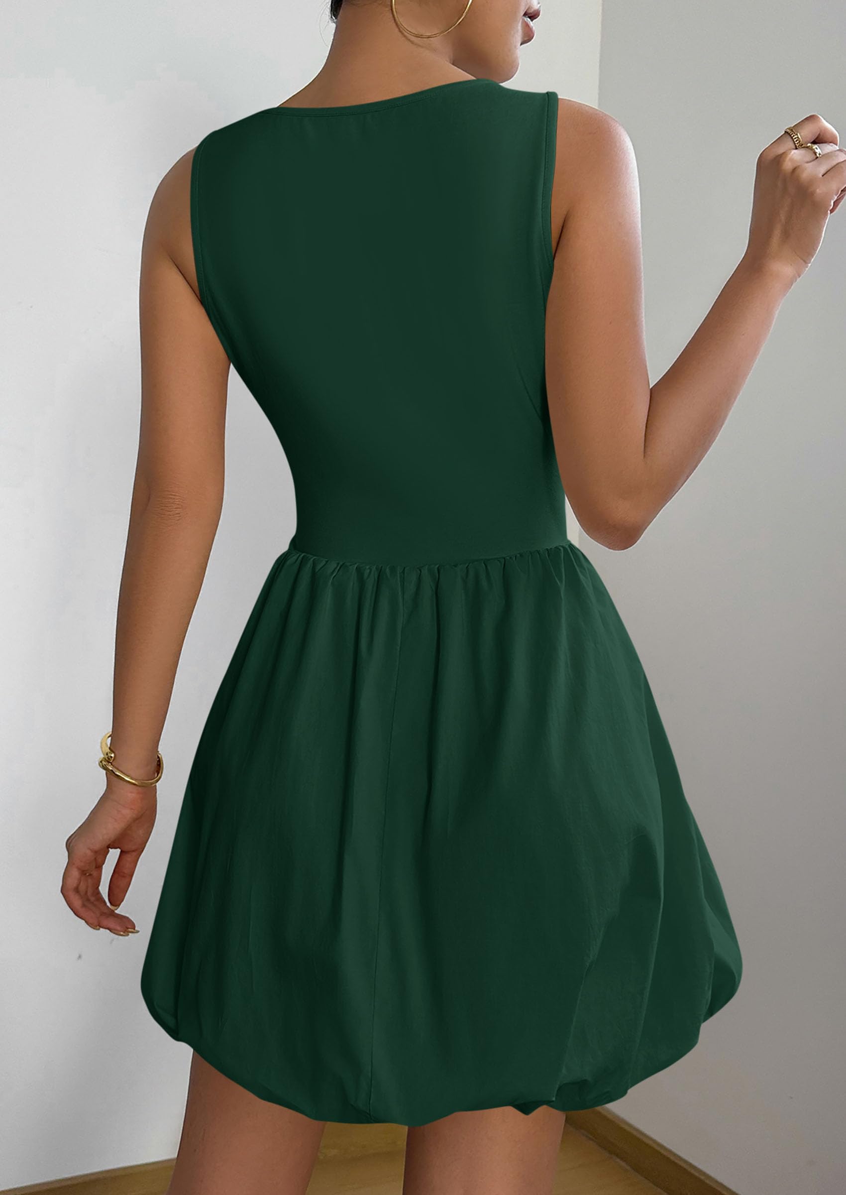 Womens Summer Bubble Sleeveless Mini Dress,Dark Green,S