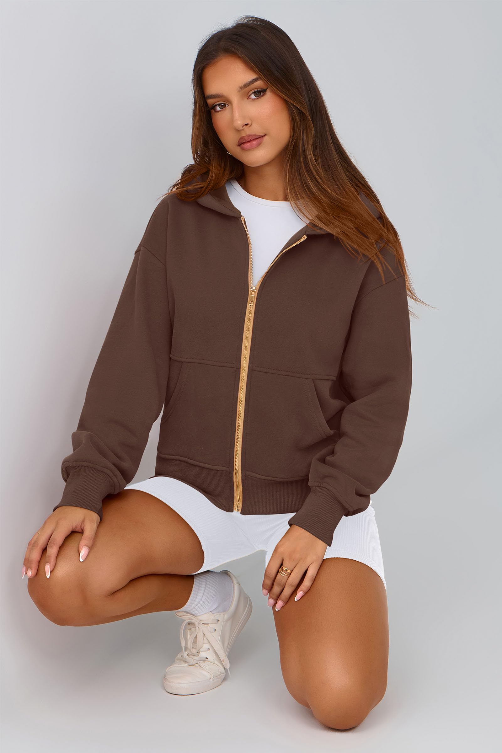Hoodies for Women Fall Fashion Zip Up Fleece Plain Sweatshirt