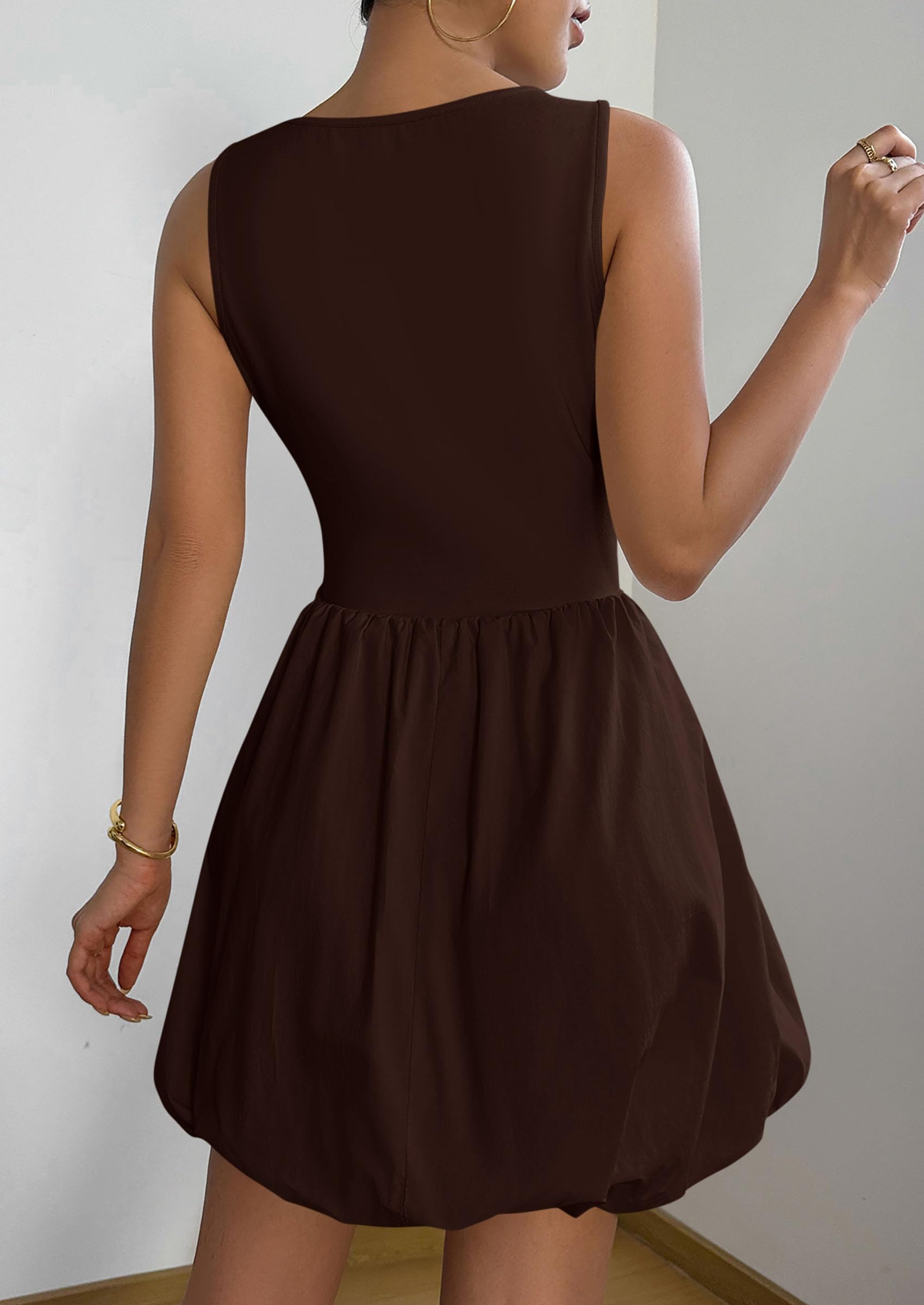 Womens Summer Bubble Sleeveless Mini Dress,Brown,S