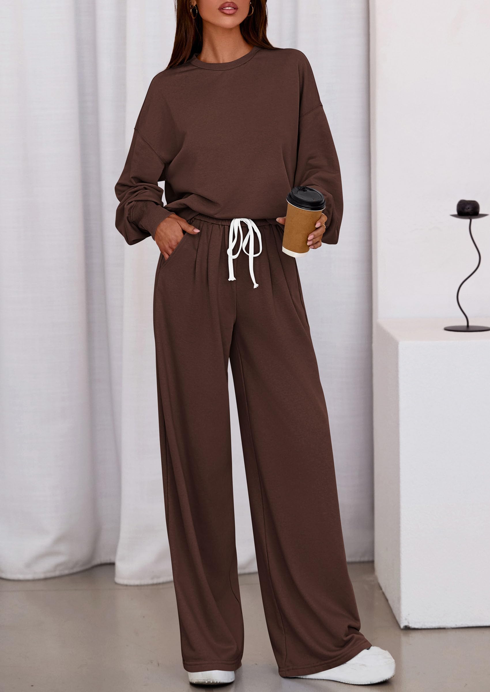 Womens Loose Fit Casual 2 Piece Lounge Set,Brown,S
