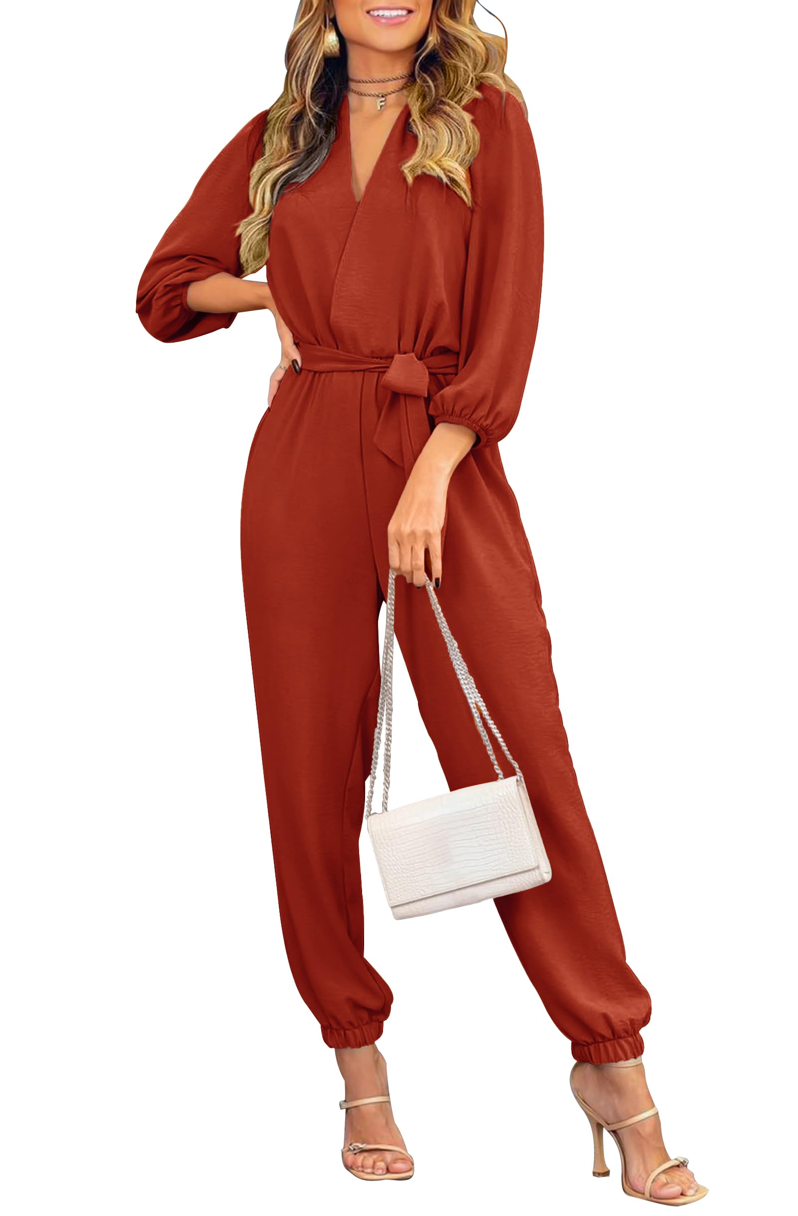 Long Sleeve Jumpsuits for Women Dressy Casual, Rust Red,S