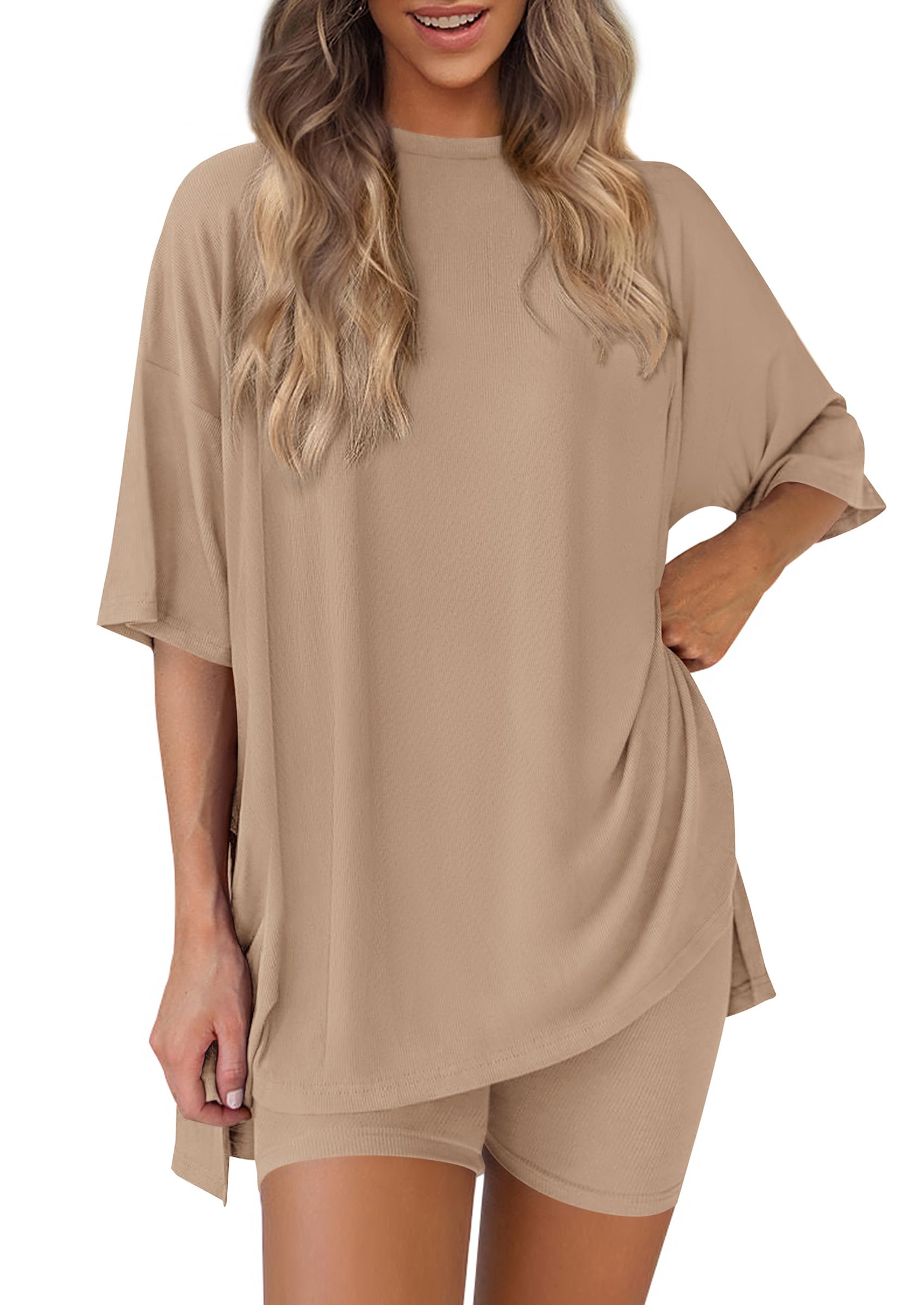 Women 2 Piece Lounge Set Airport Travel Outfit, Khaki,S