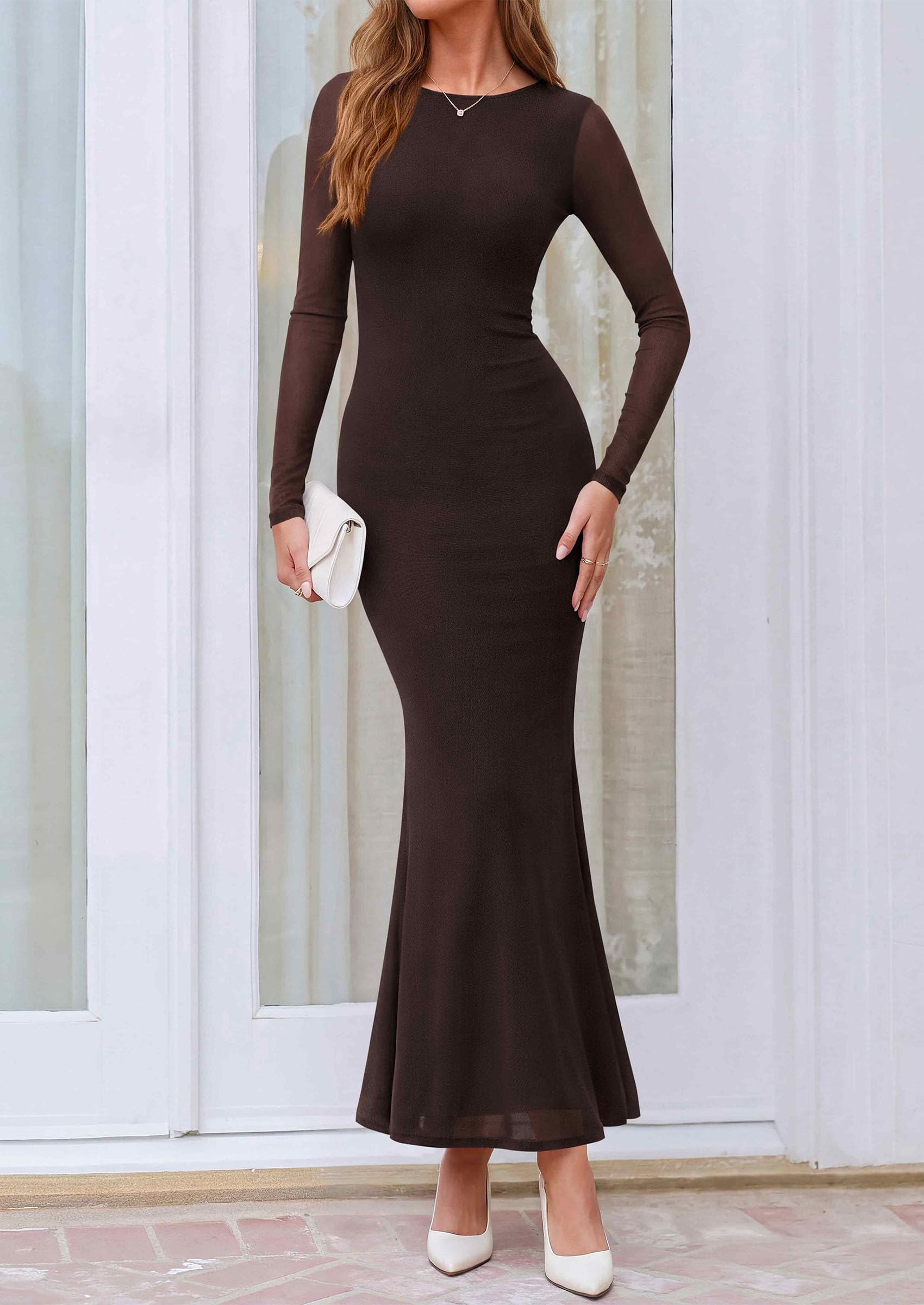 Women's Mesh Long Sleeve Maxi Dress Fall Wedding Guest Dresses