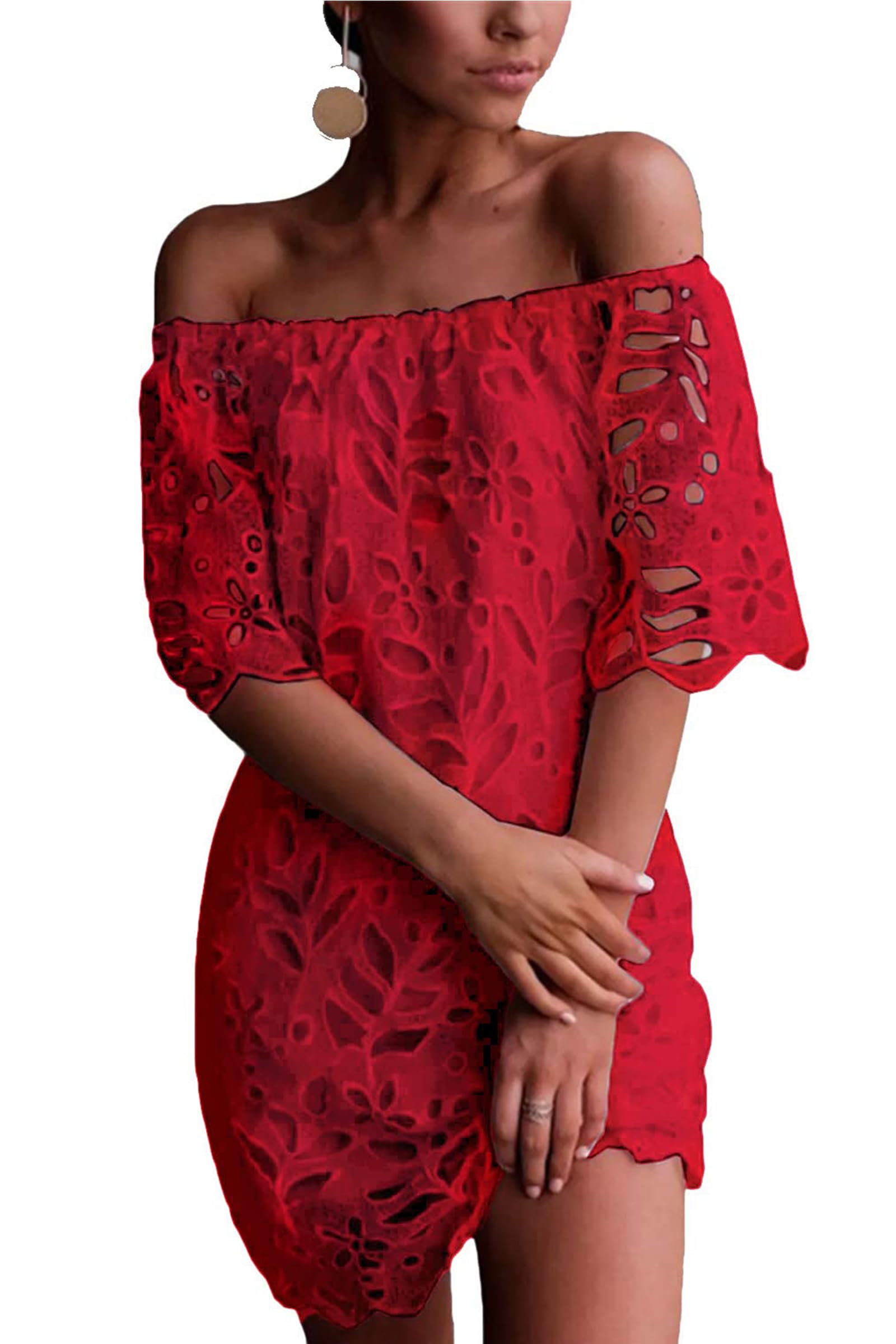 Women's Boho Off the Shoulder Lace Mini Dress, Red,S