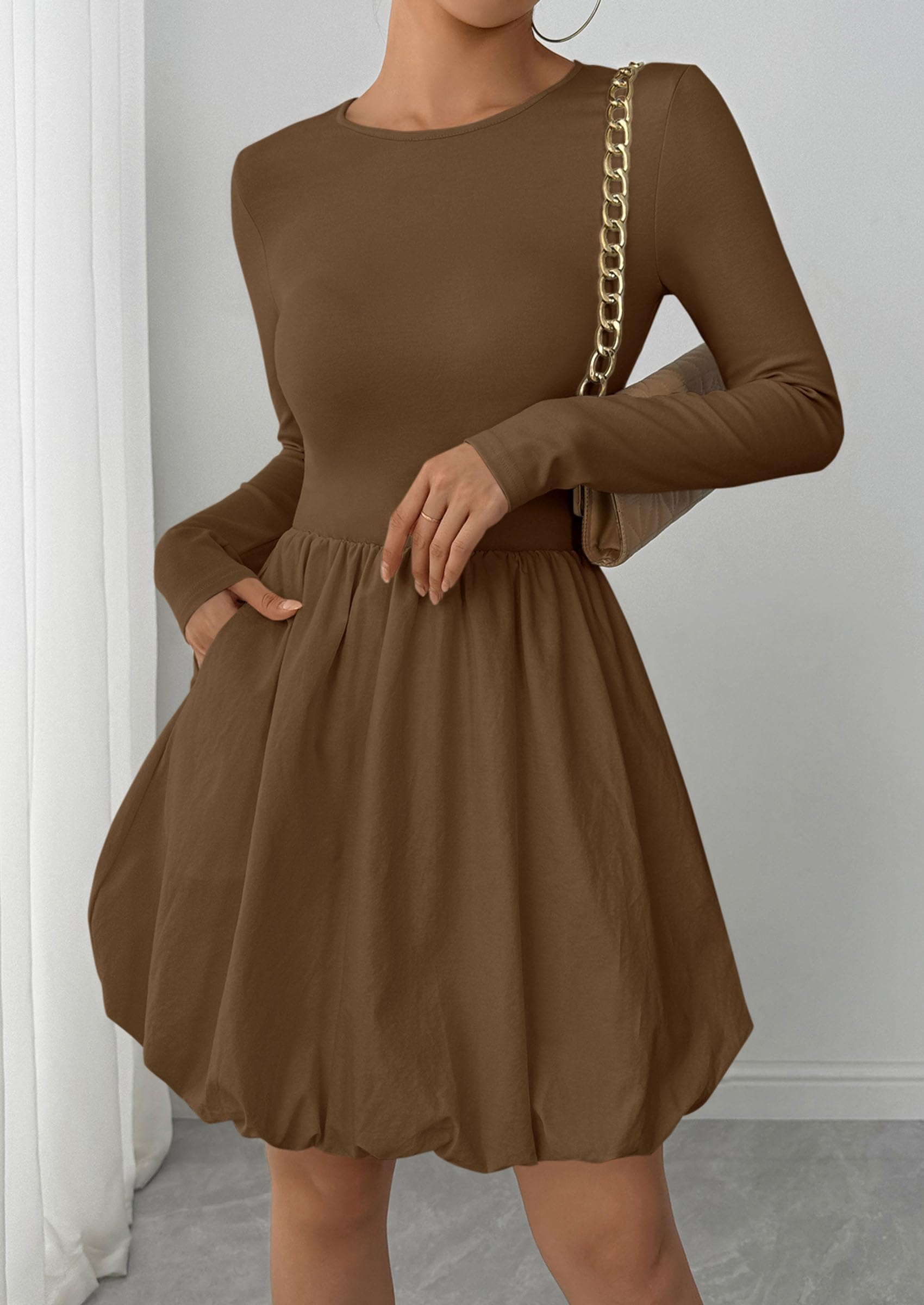 Fall Dresses for Women 2026 Bubble Mini Dress,Brown,S