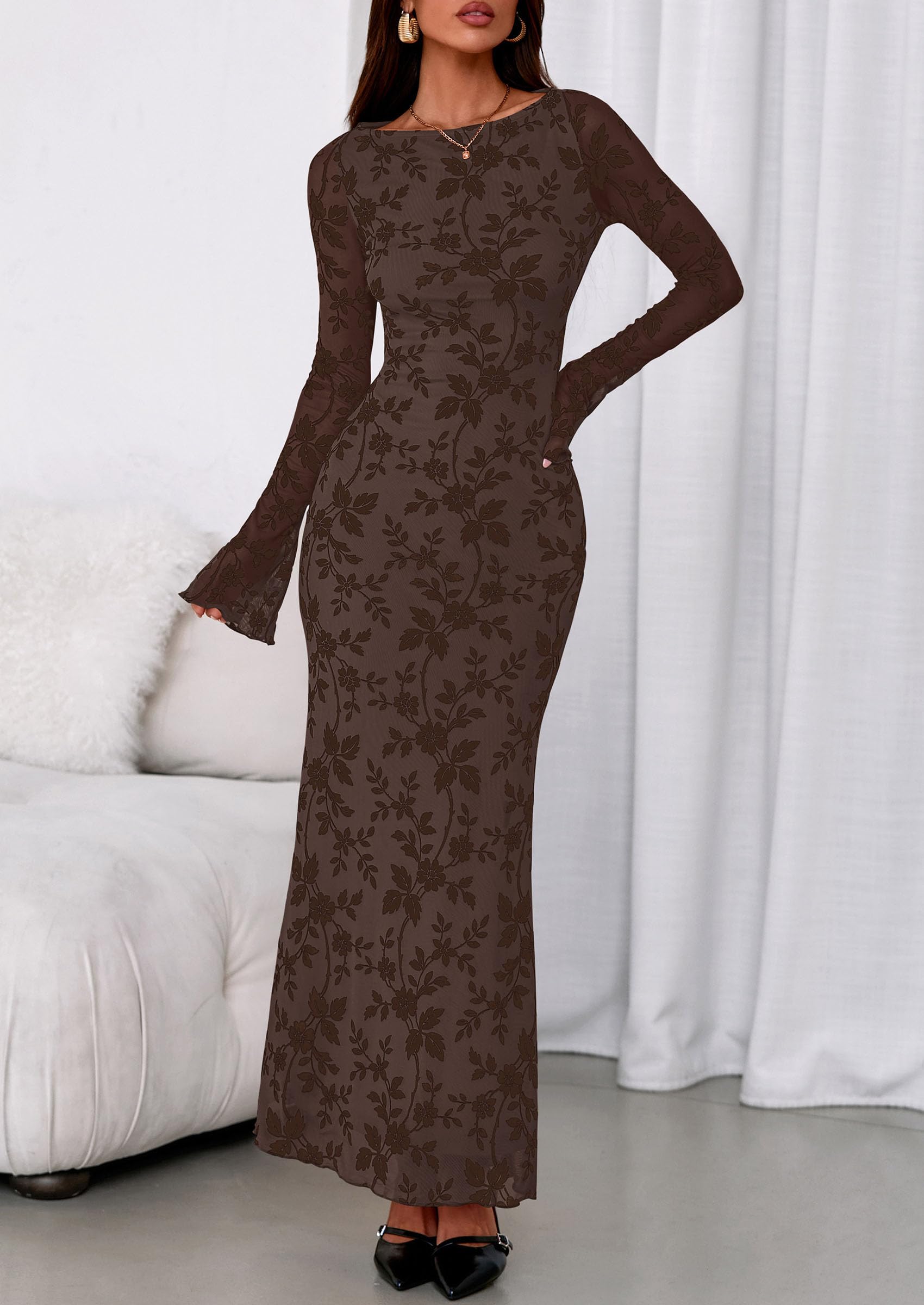 Women's Floral Bodycon Maxi Dress Wedding Guest Dresses Brown