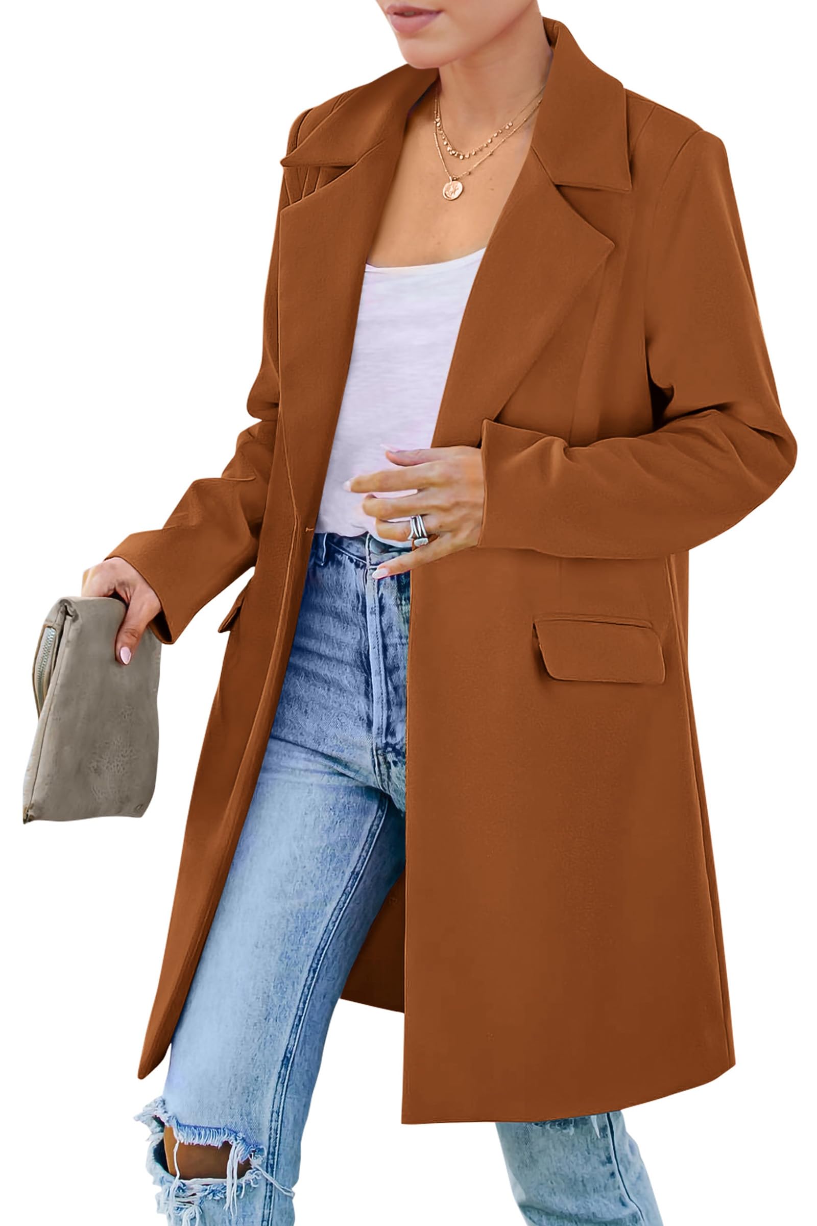 Women's Business Casual Long Blazer Jackets(Brown,S)