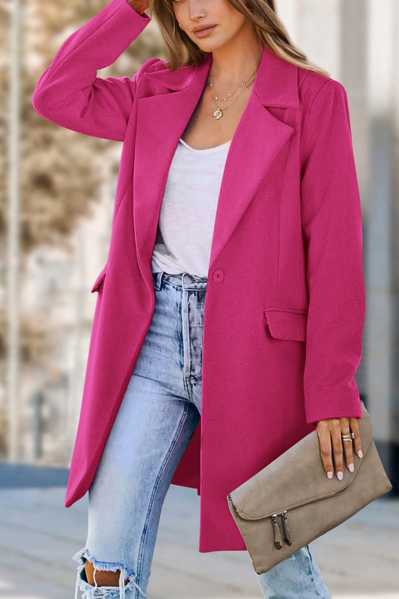 Women's Business Casual Long Blazer Jackets(Rose Red,S)
