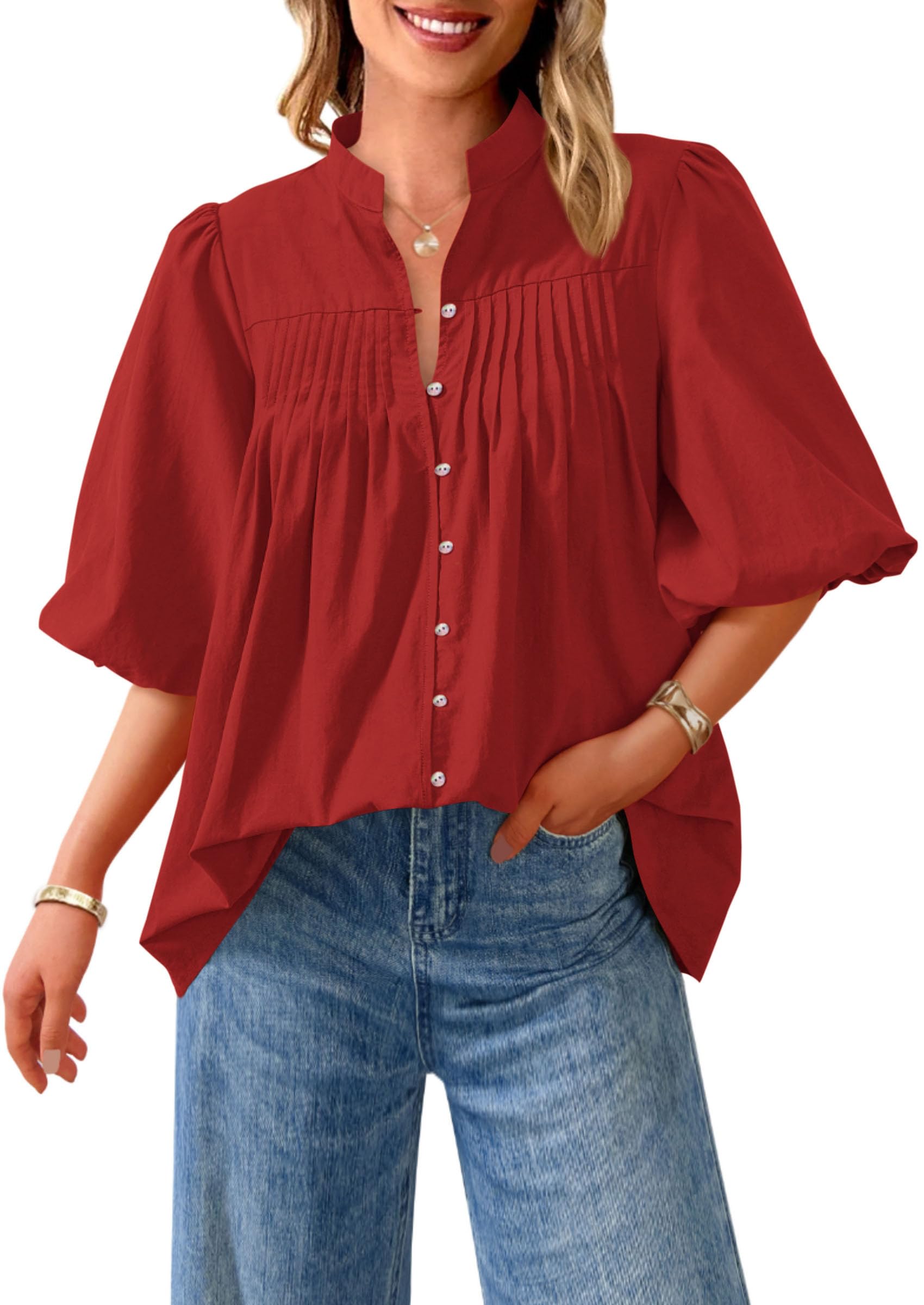 Short Sleeve Henley Shirts for Women,Red,S