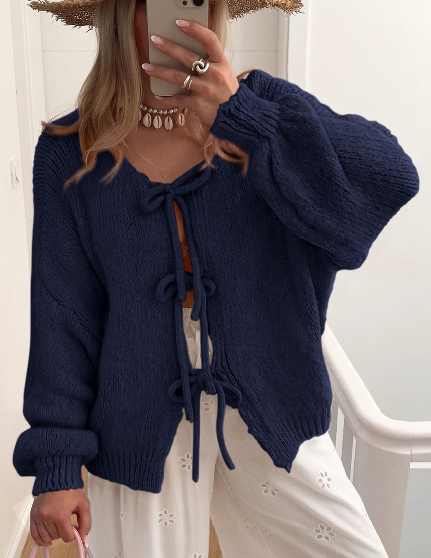 Women's Tie Front Bow Cardigan Sweaters(Navy,Small)