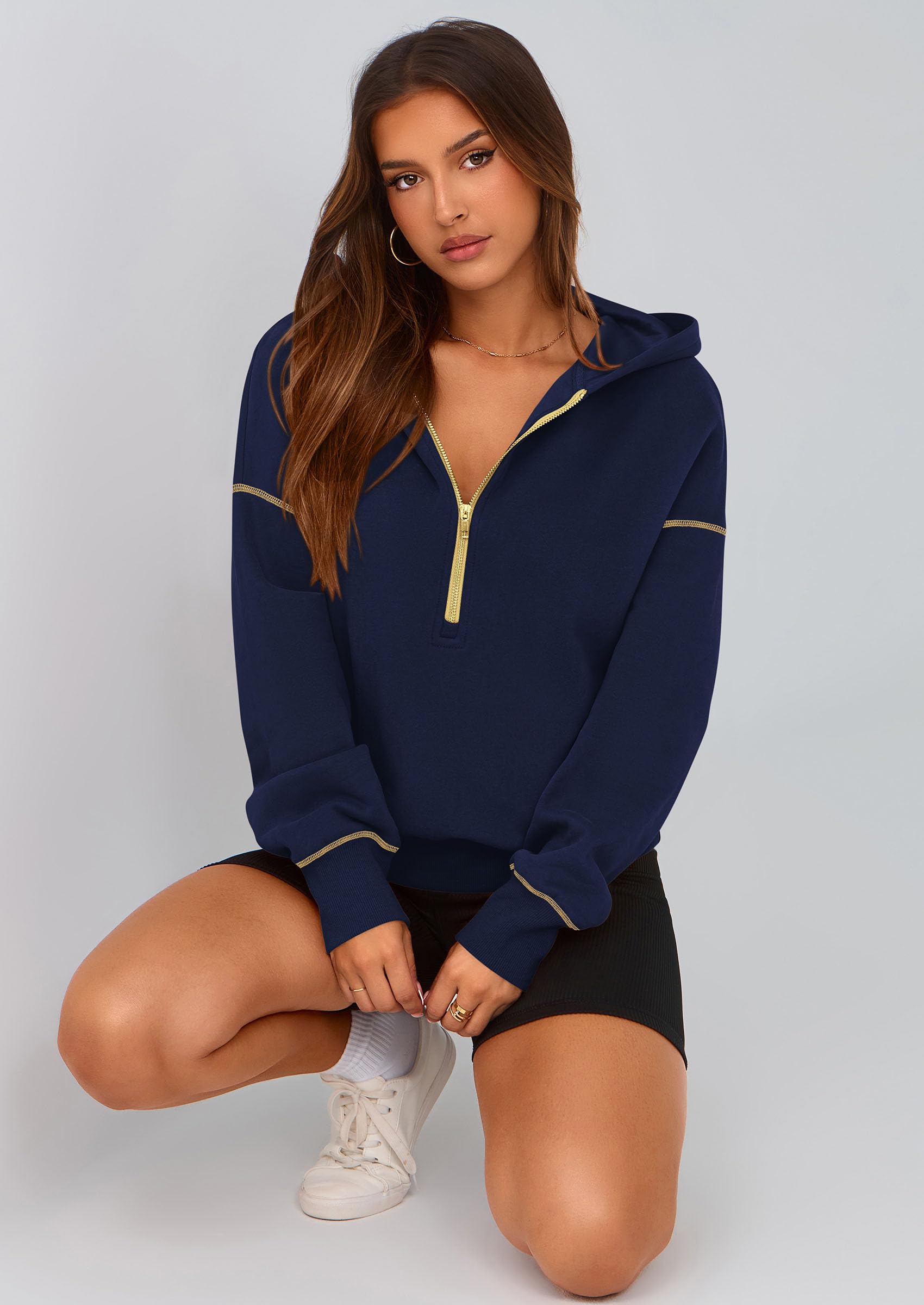 Women's Fall Half Zip Cropped Hoodie Sweatshirt Navy Blue