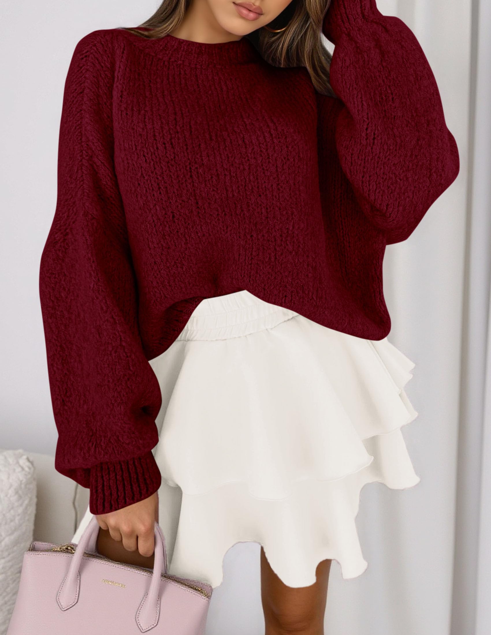 Women's Chunky Knit Oversized Pullover Sweaters,Burgundy,S