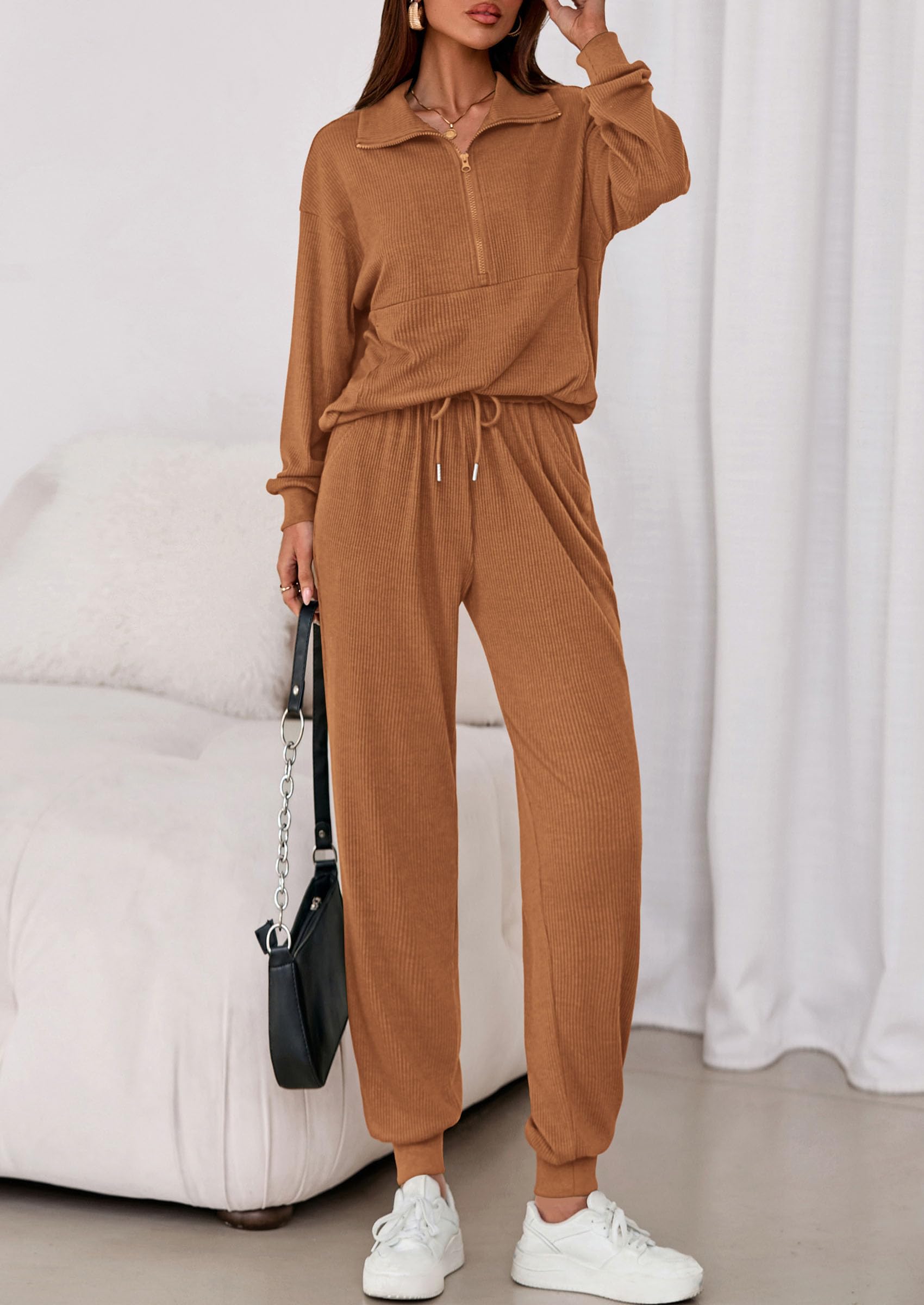 Airport Travel Outfit Women Ribbed Knit Matching Lounge Sets
