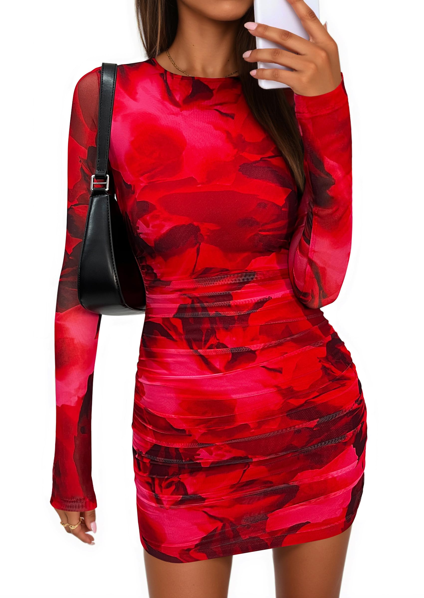 Mesh Mini Dresses for Women Long Sleeve Red Floral,XS