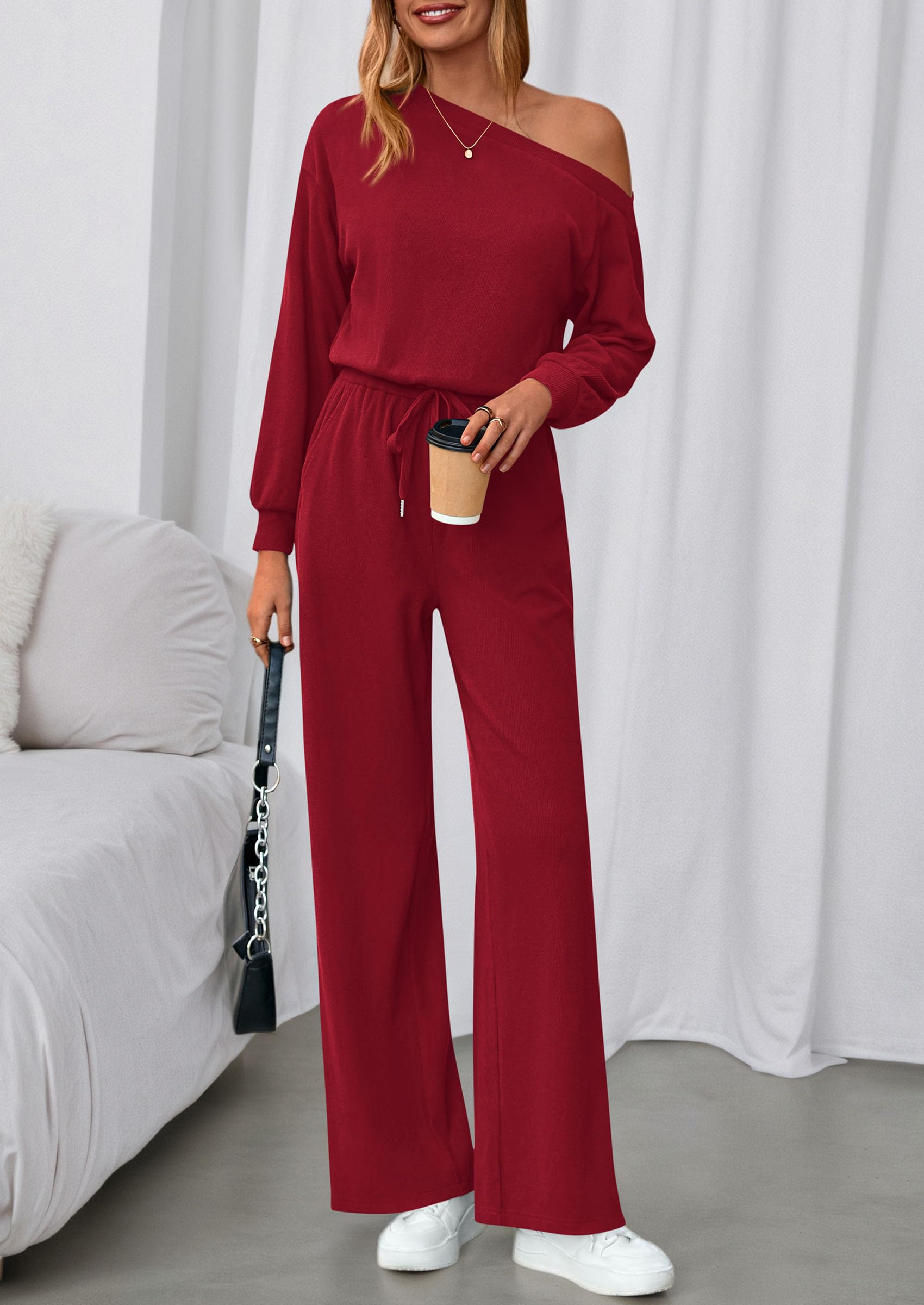 Womens Off Shoulder Long Sleeve Jumpsuit,Wine Red,S