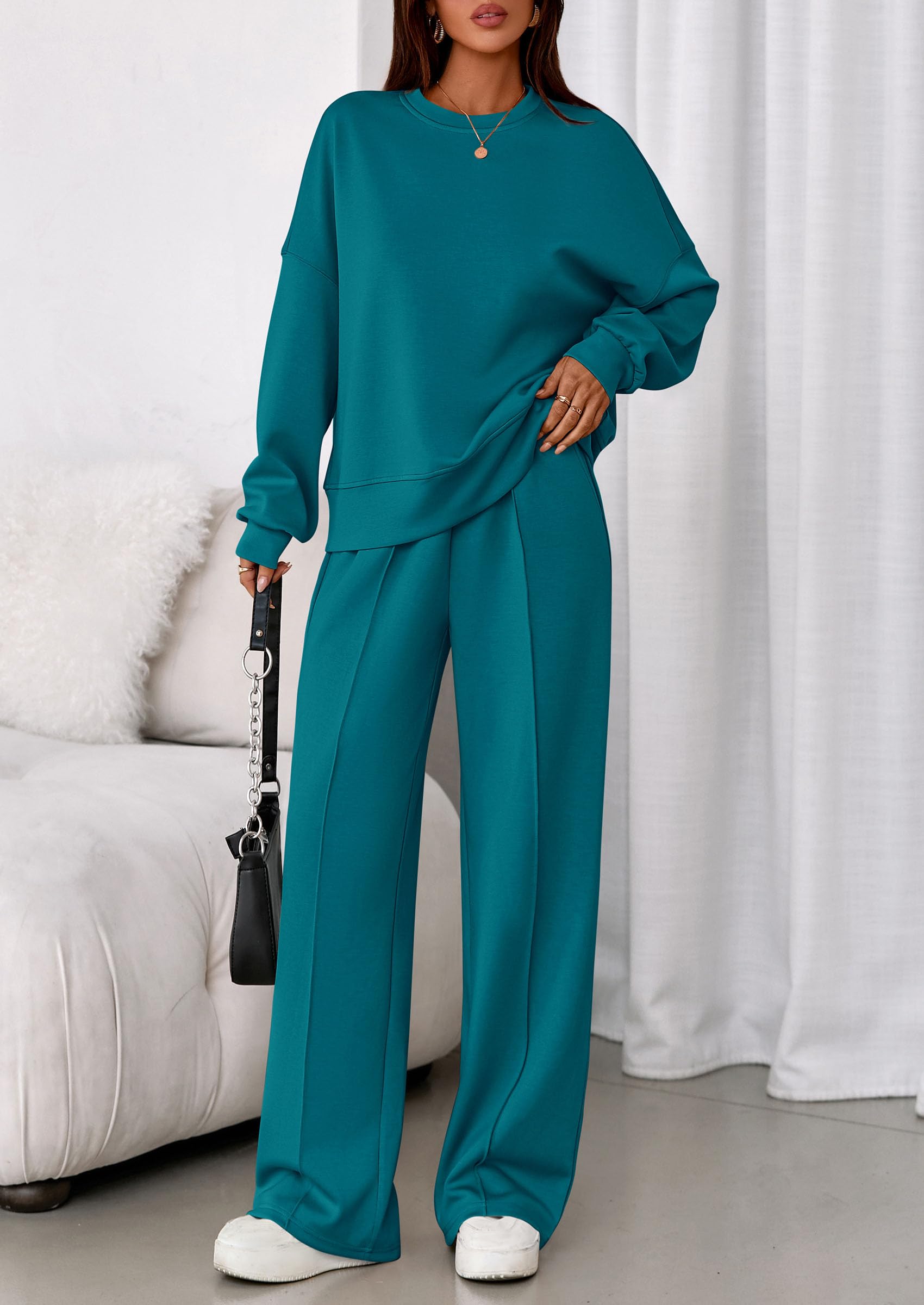 Womens Long Sleeve Sweatshirt 2 Piece Sets,Blue Green,S