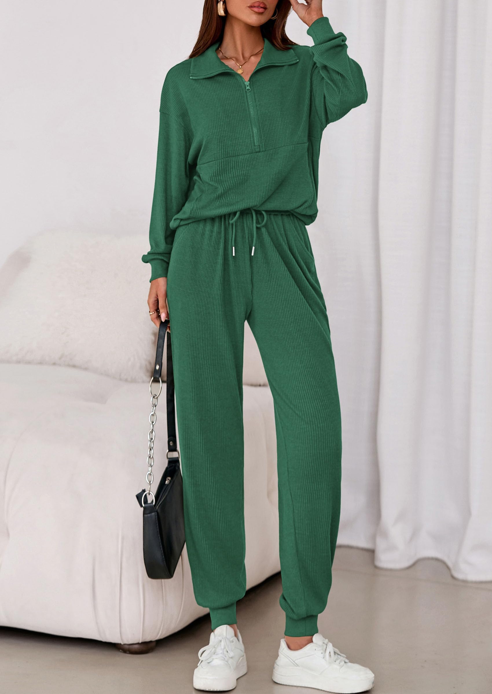Airport Travel Outfit Women Ribbed Knit Matching Lounge Sets