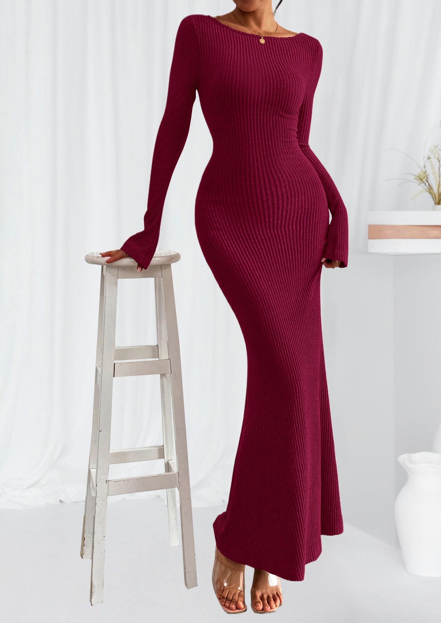Women's Fall Long Sleeve Bodycon Maxi Dresses (Burgundy,XS)