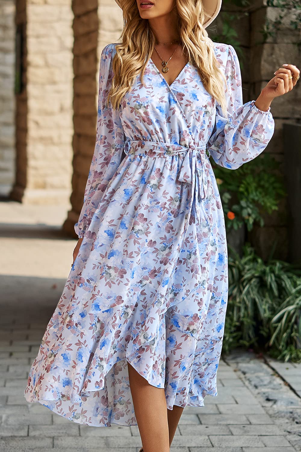 Women Floral Boho Long Sleeve Maxi Dress, Floral Light Blue,S