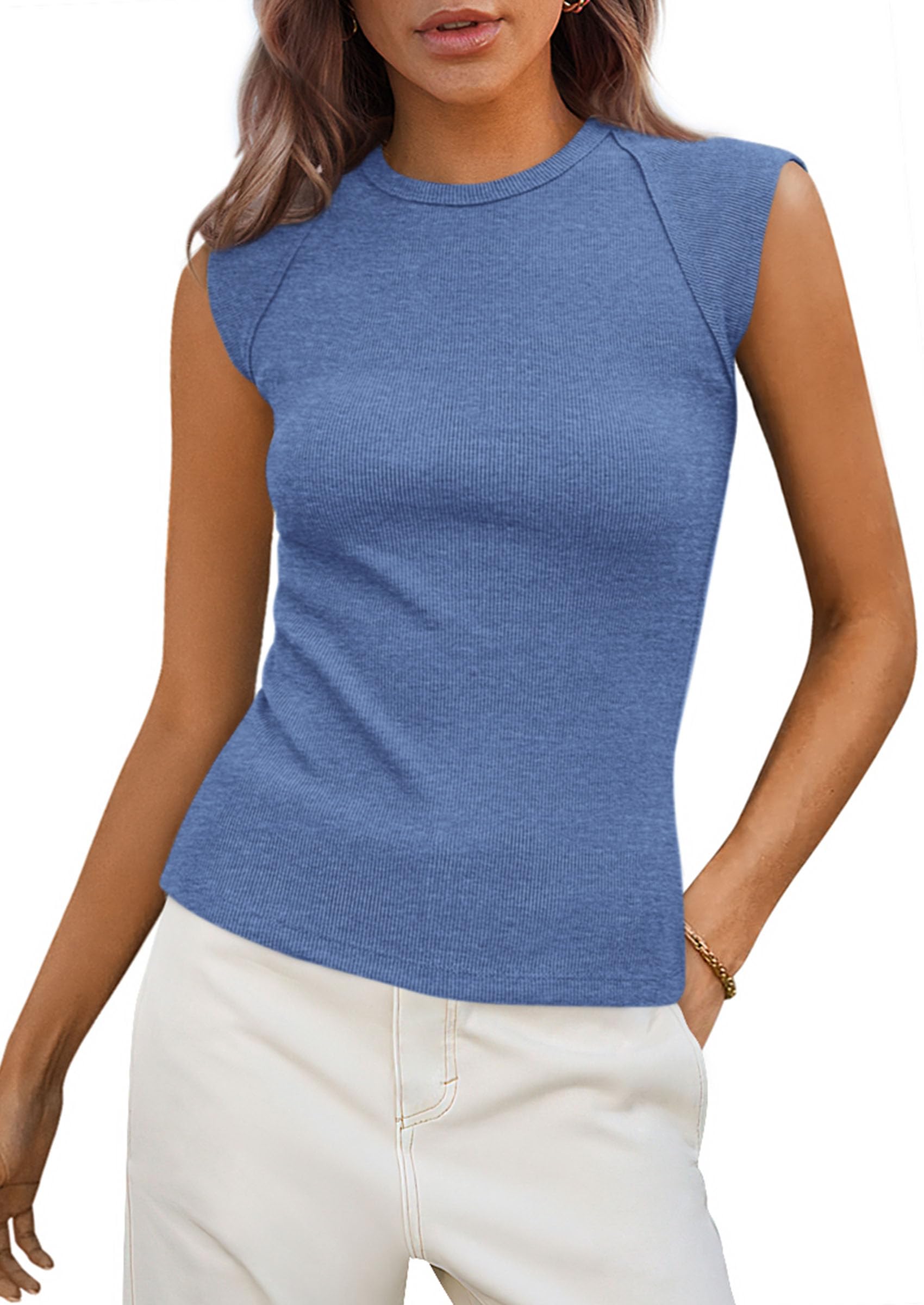 Women's Cap Sleeve Ribbed Tank Tops Summer, Sky Blue,S