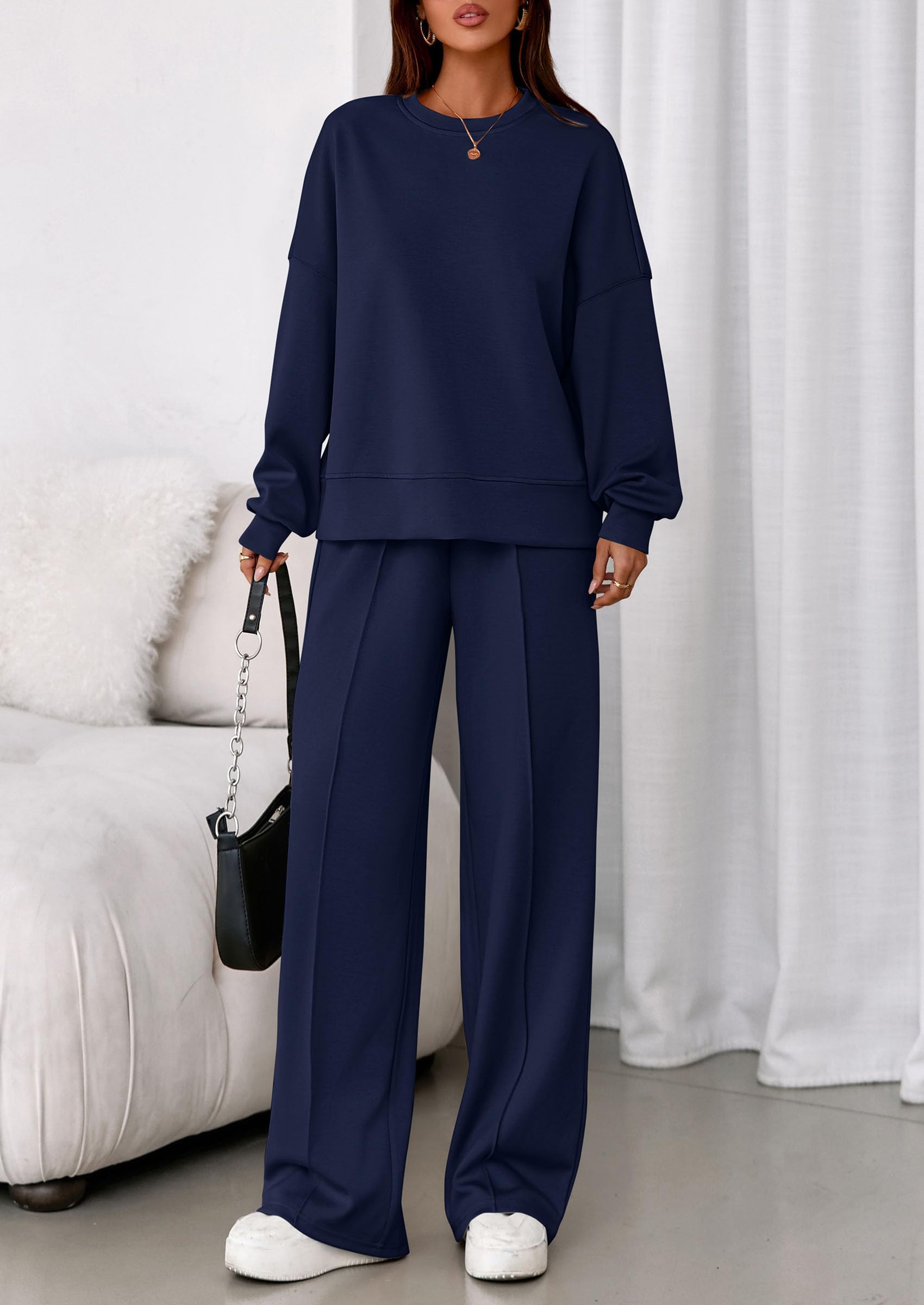 Womens Long Sleeve Sweatshirt 2 Piece Sets,Navy,S