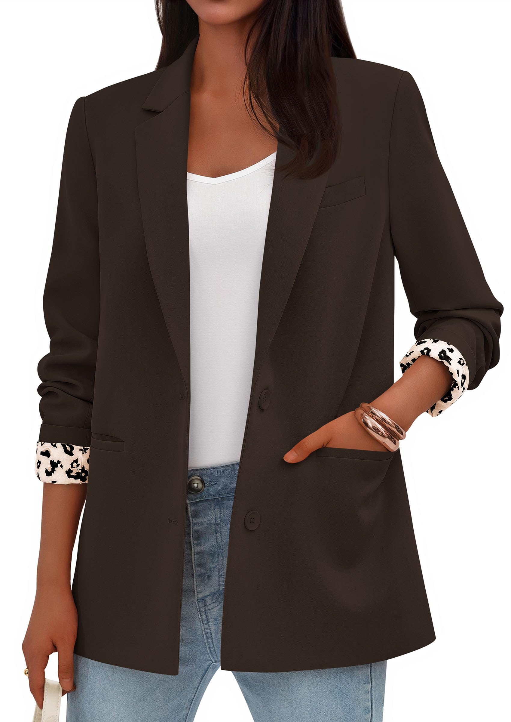 Womens Open Front Leopard Blazers Suit Jackets,Coffee,S