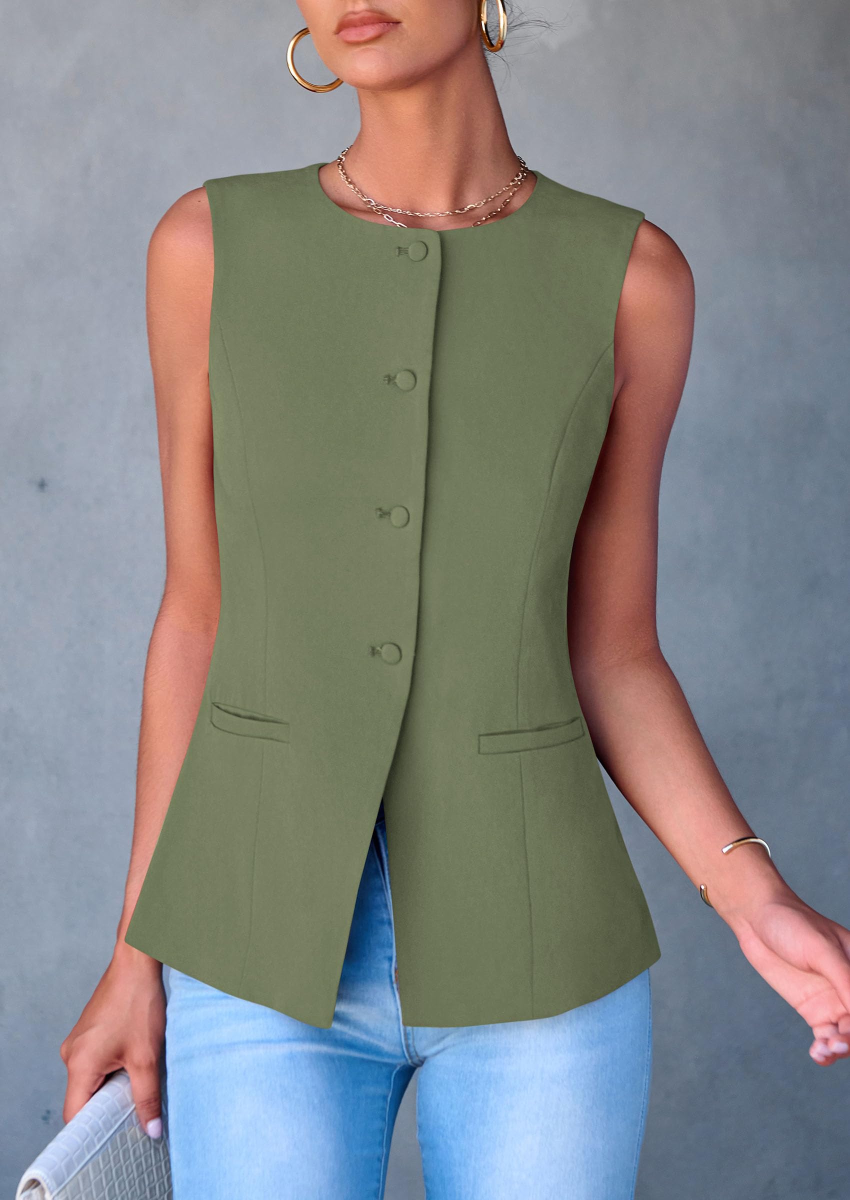 Women Tailored Suit Vest Business Casual Tops, Light Green,S