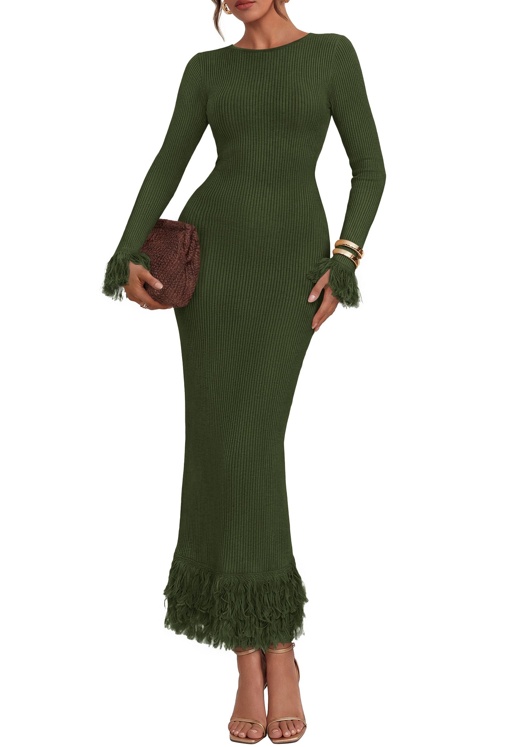 Womens Long Sleeve Bodycon Sweater Dress,Army Green,Small