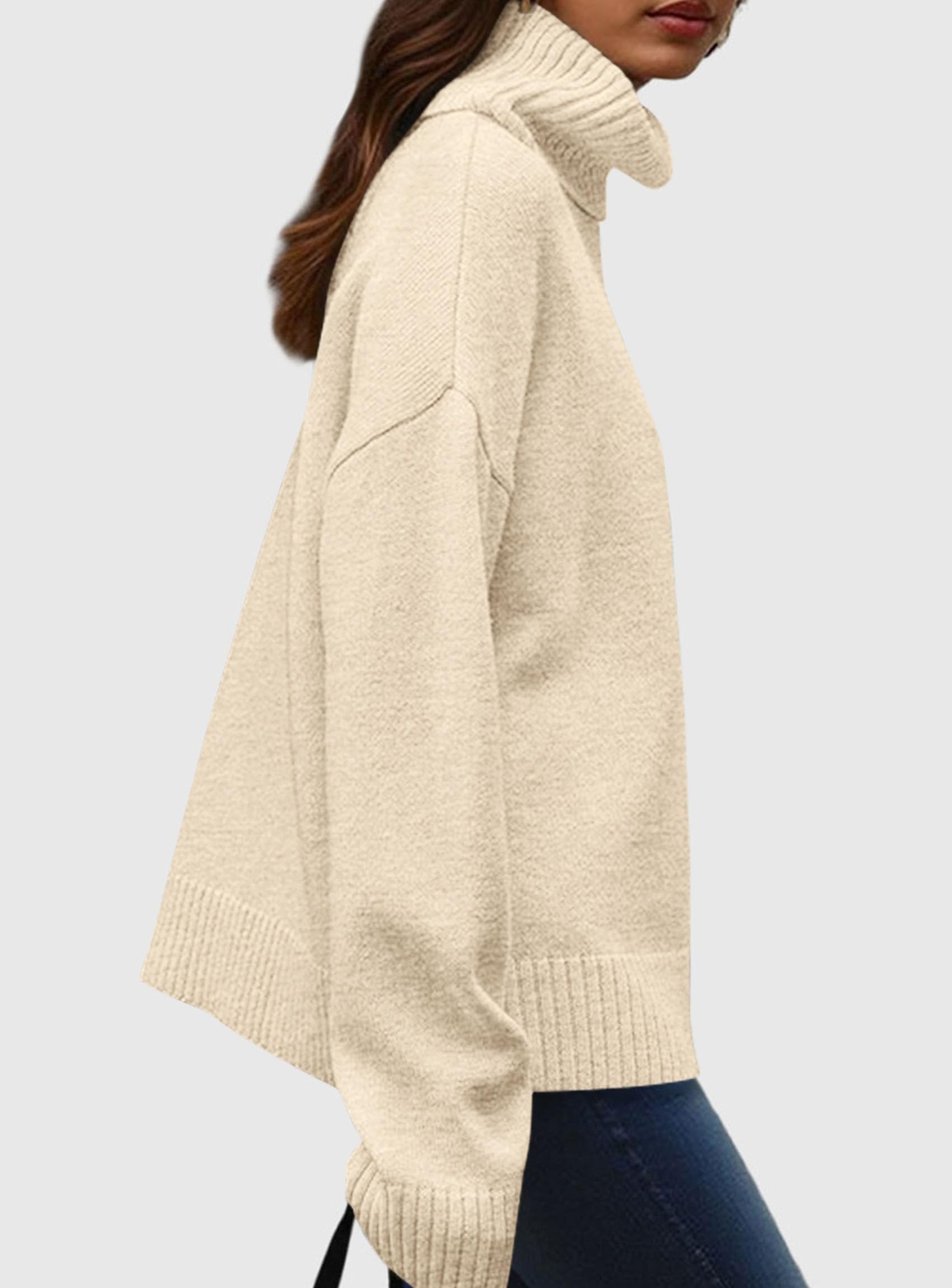 Womens Turtleneck Long Sleeve Knit Sweater,Beige,S