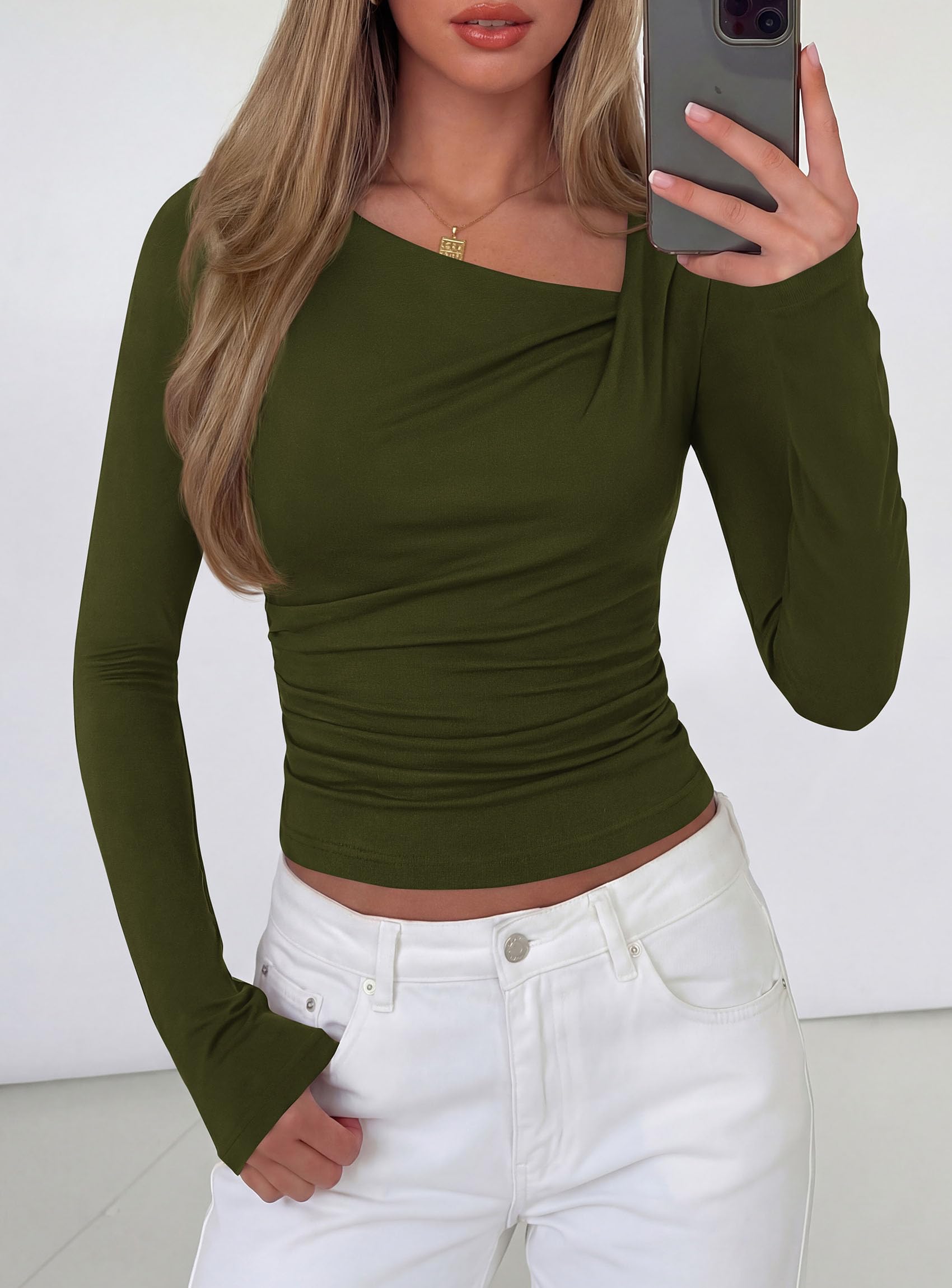 Women Long Sleeve Shirts Asymmetrical Y2K Fall Tops Army Green