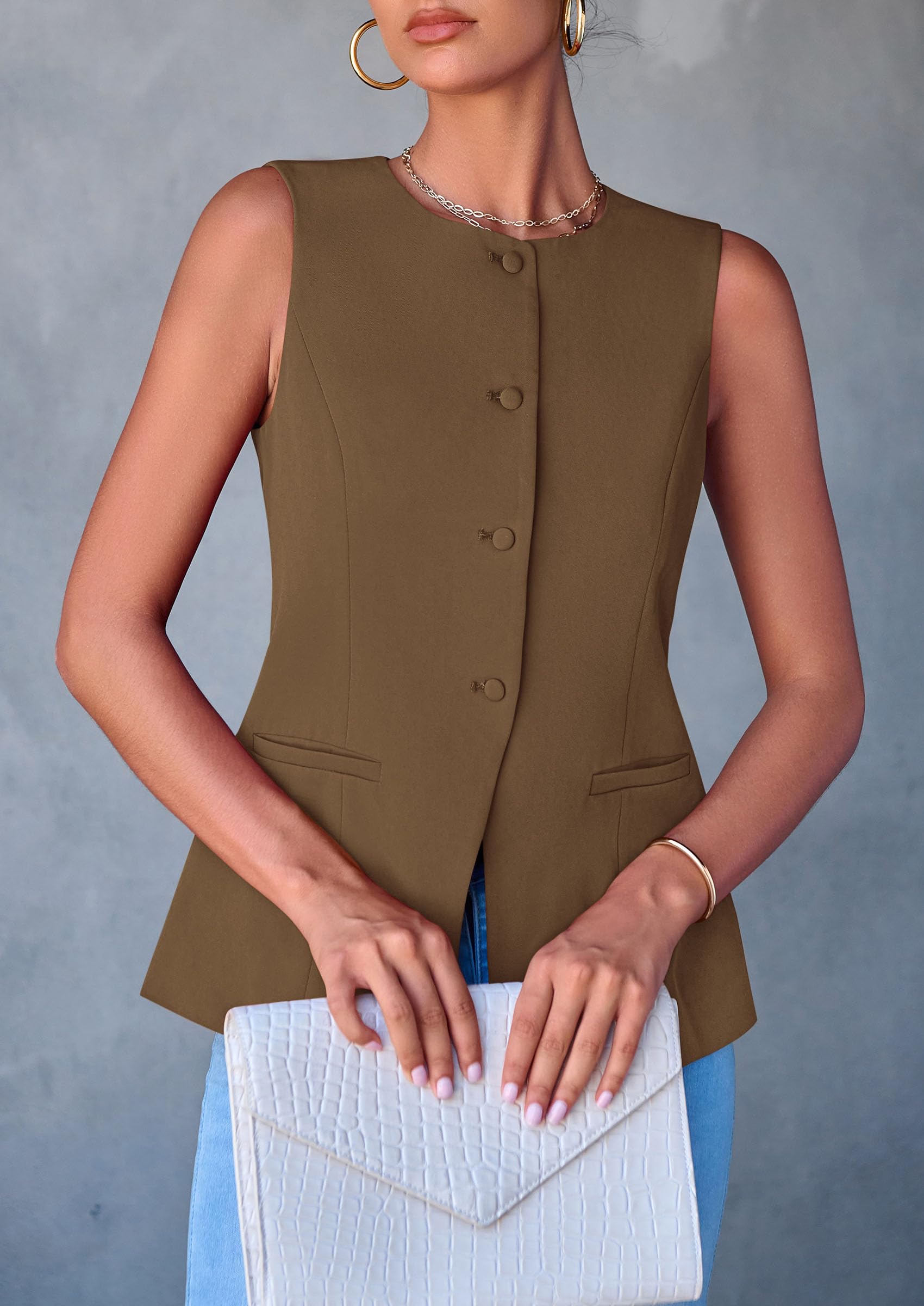 Women Tailored Suit Vest Business Casual Tops, Coffee,S