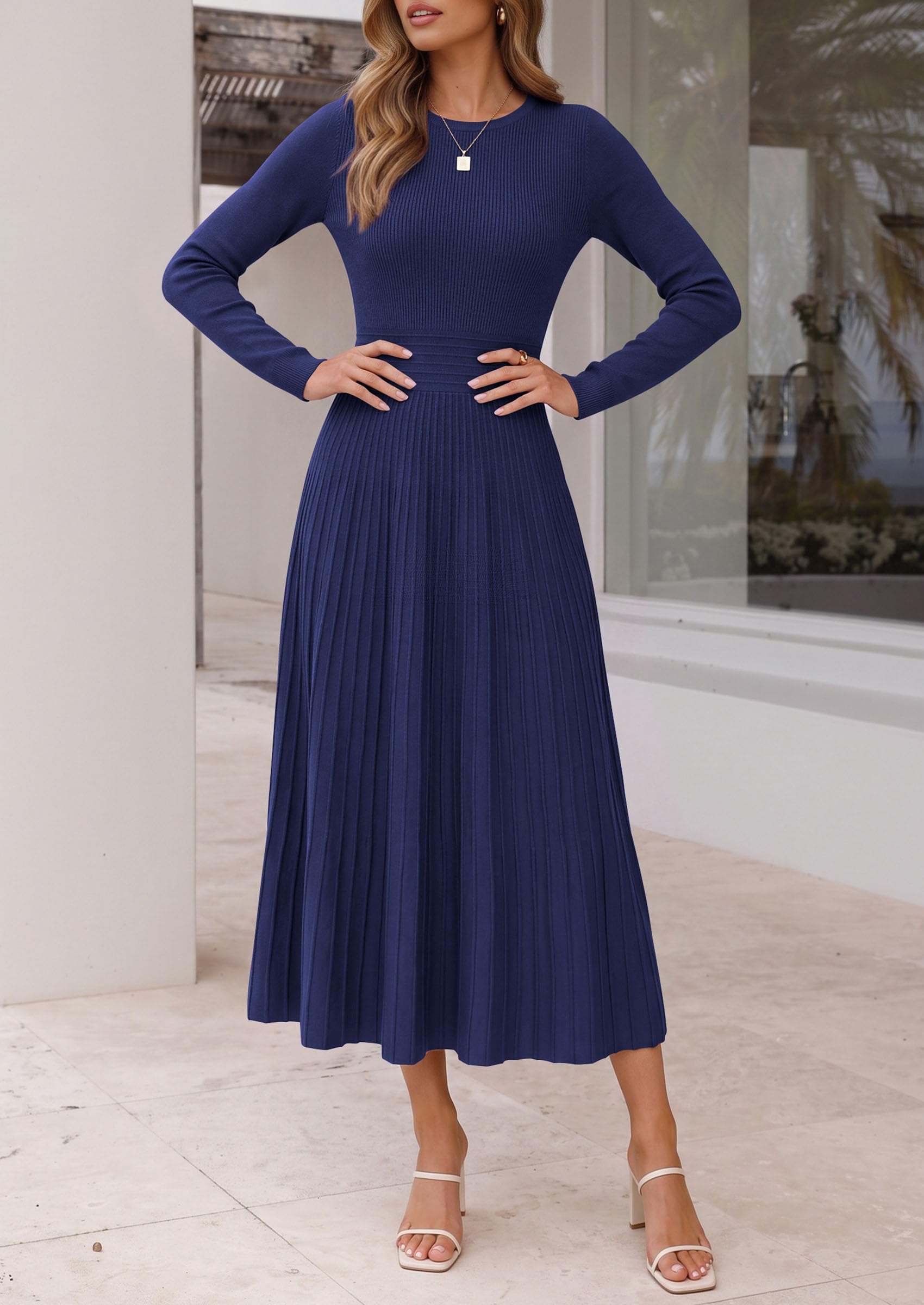 Women's Long Sleeve Knit Maxi Sweater Dress,Navy Blue,S