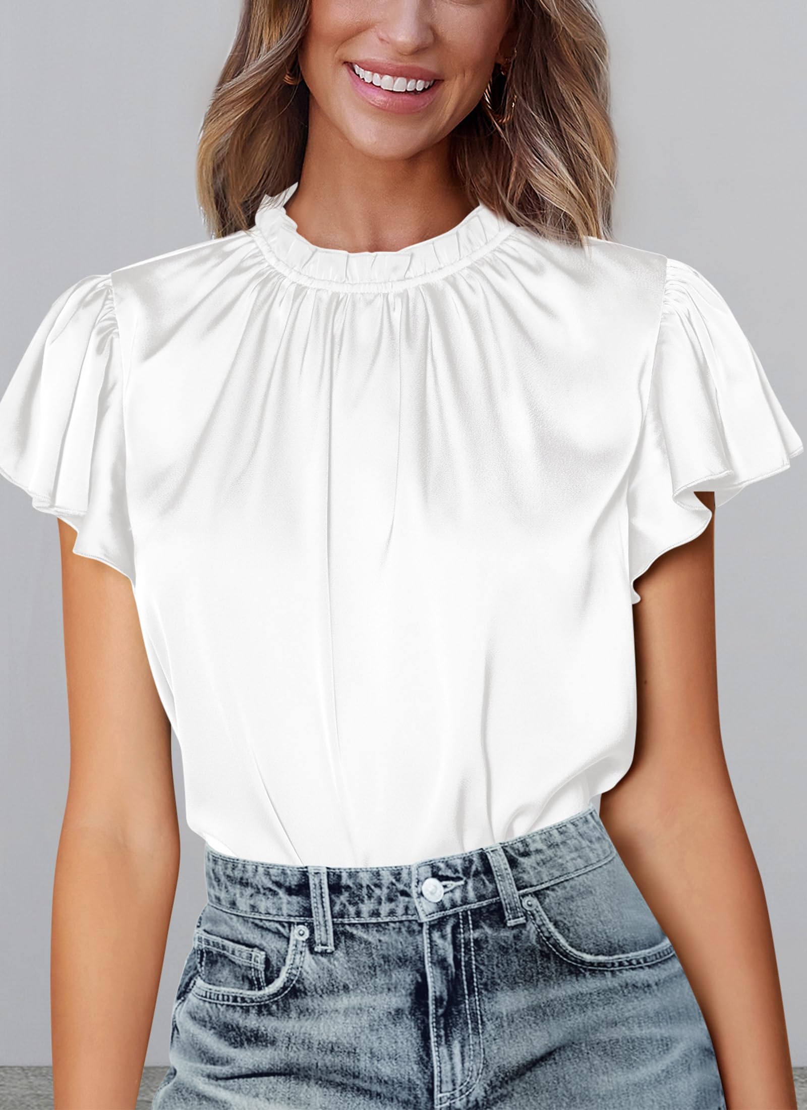 Women's Satin Tops Business Casual Work Blouses, White,M