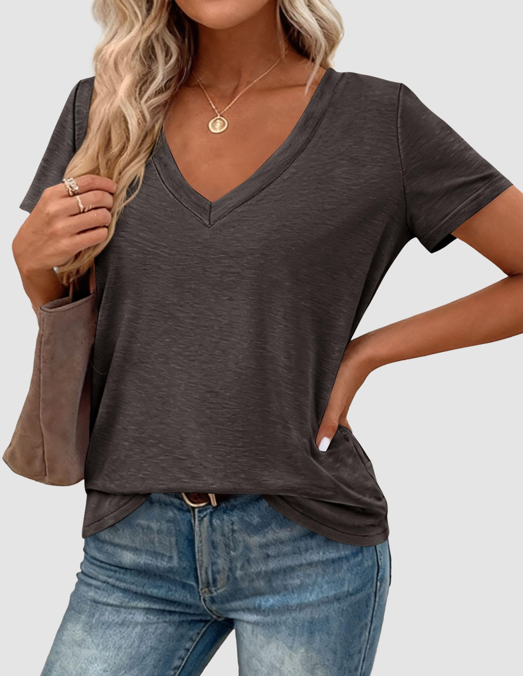 Womens Tops Short Sleeve Oversized Tshirts, Dark Grey,S