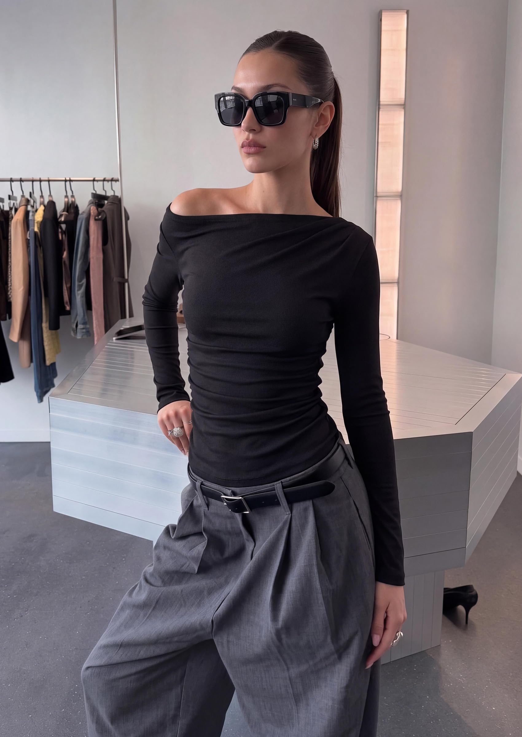 Womens Off The Shoulder Tops Long Sleeve Shirts,Black,S