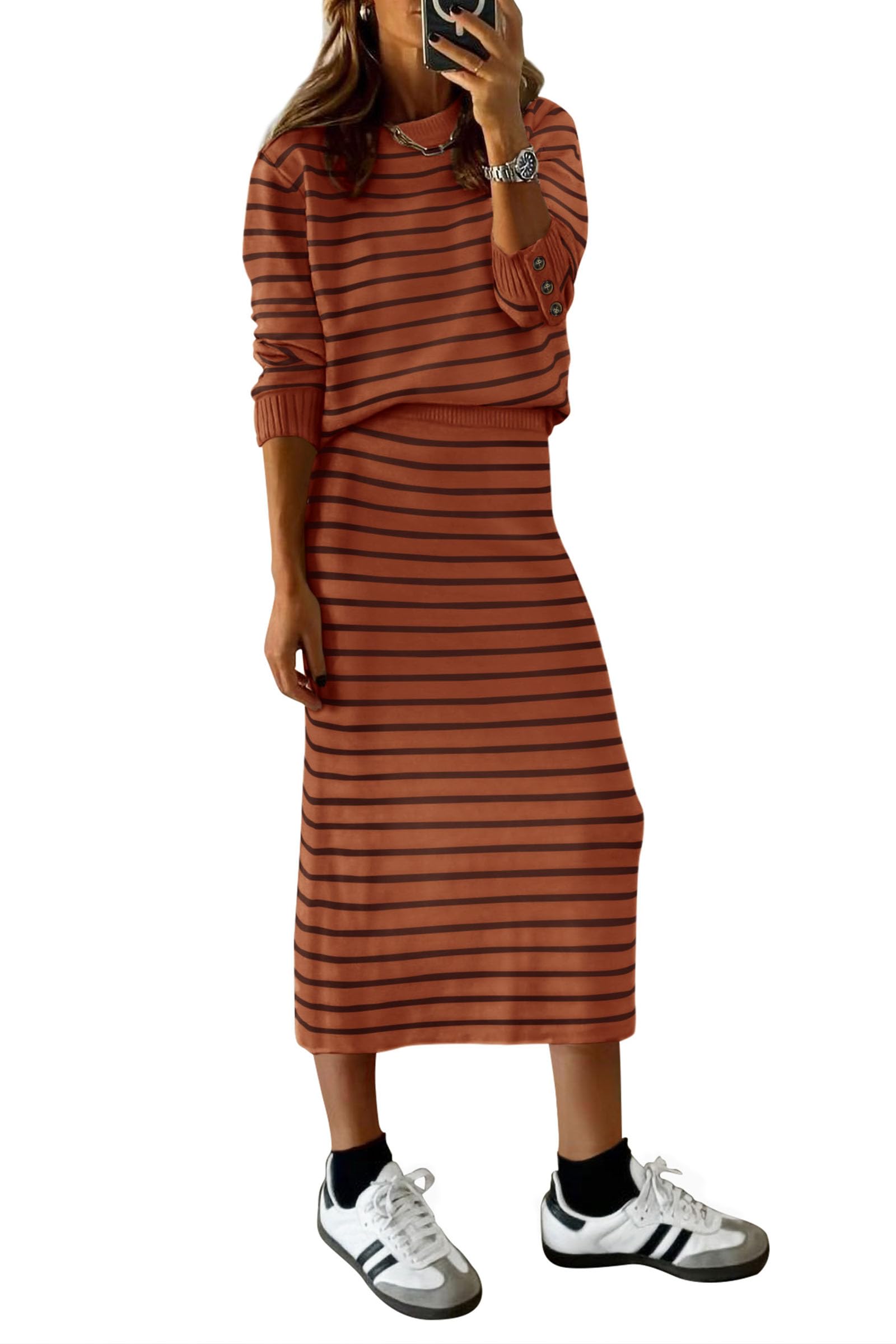 Women's 2 Piece Striped Sweater Skirt Set Fall Matching Sets
