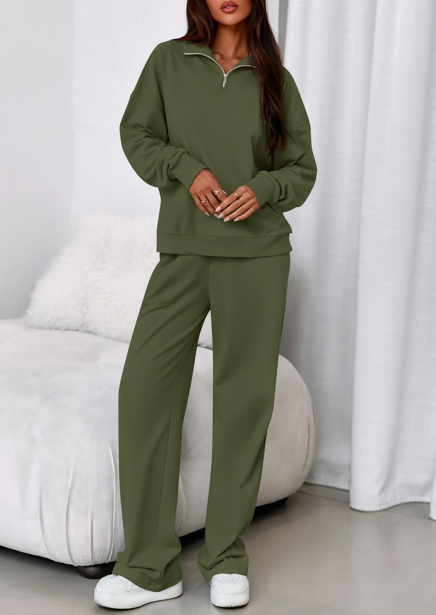Womens 2 Piece Outfits Matching Lounge Sets,Army Green,M
