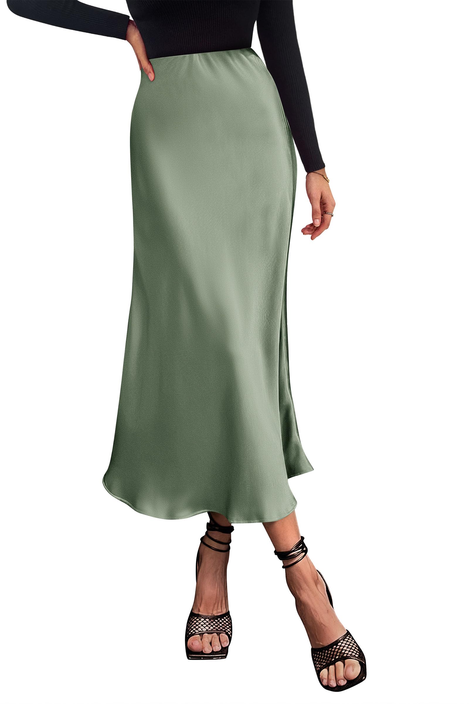 Women's Satin Midi Skirts Dressy Casual,Light Green,S