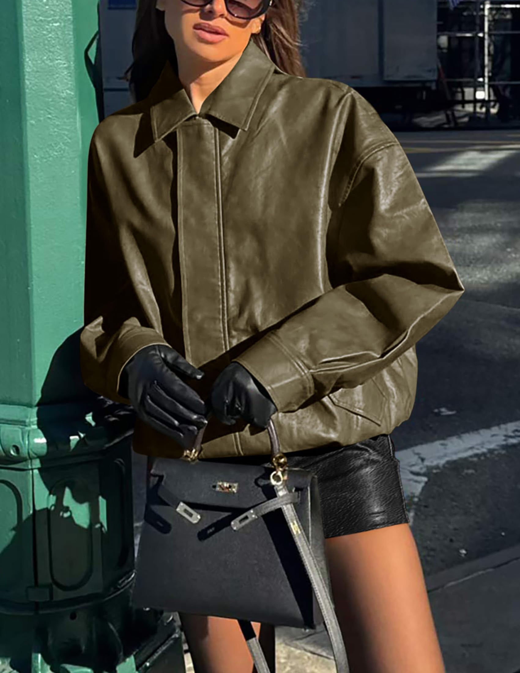 Women's Faux Leather Motorcycle Jackets(Army Green,X-Small)