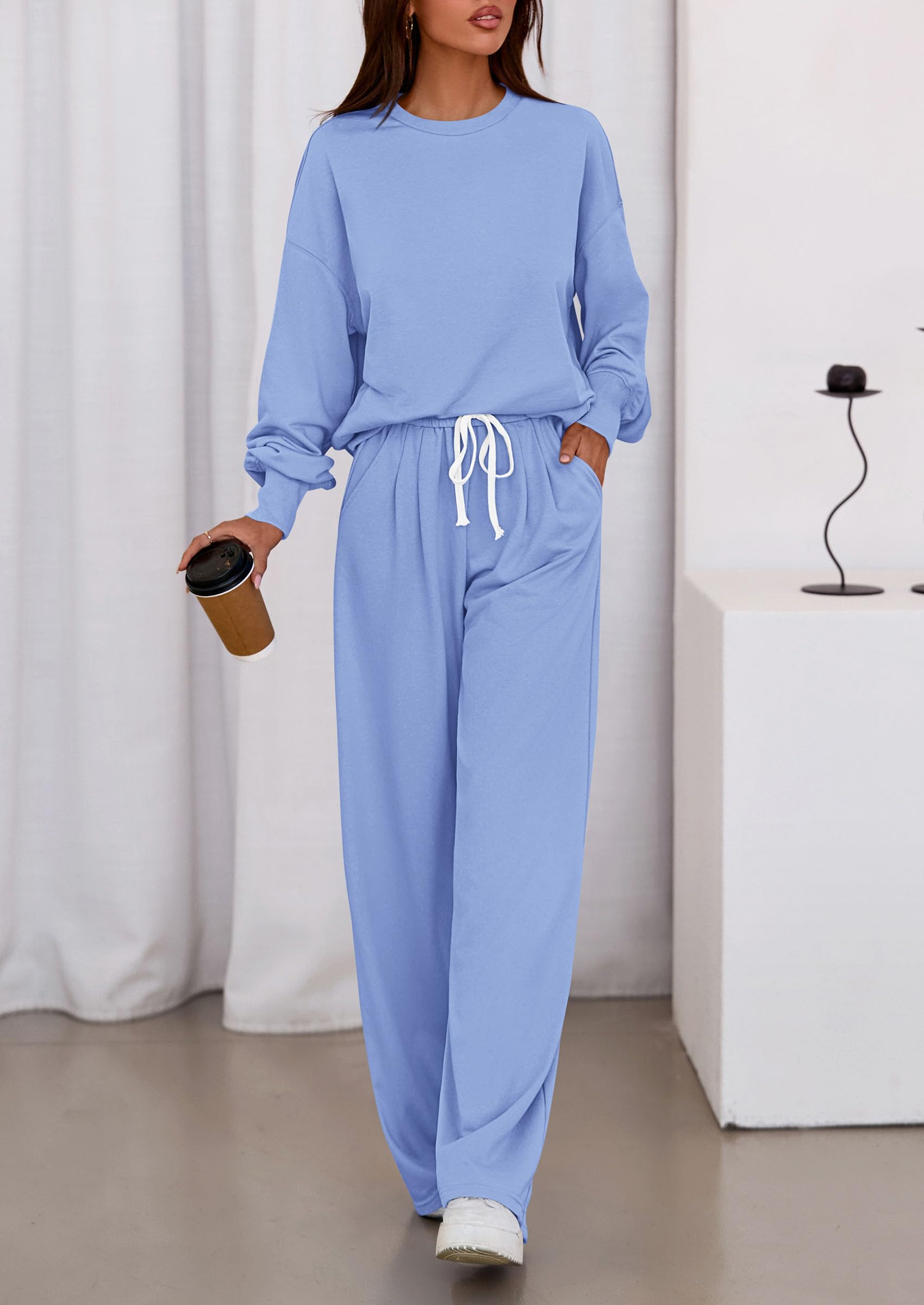 Womens Loose Fit Casual 2 Piece Lounge Set,Blue,S