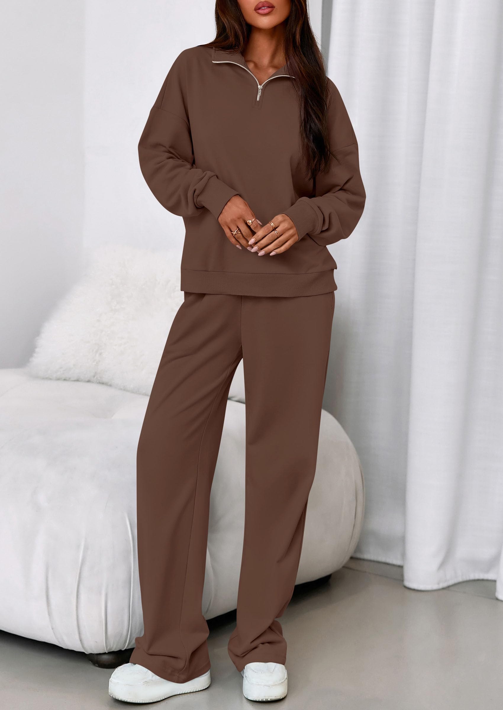 Womens 2 Piece Outfits Matching Lounge Sets,Brown,S