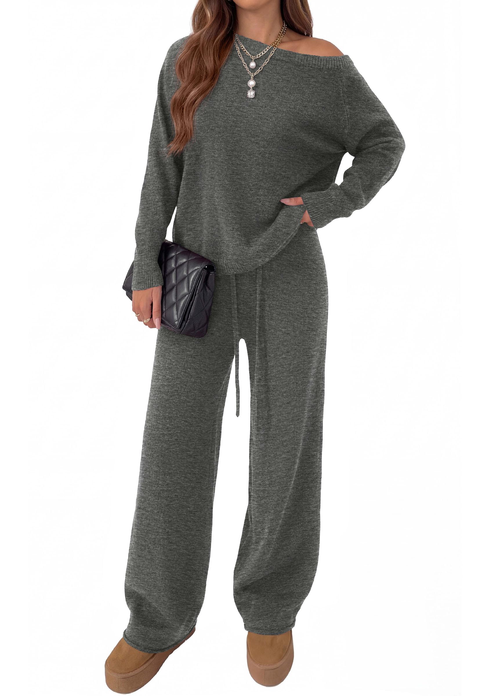Lounge Sets Womens Sweaters Two Piece Outfits (Dark Grey,S)