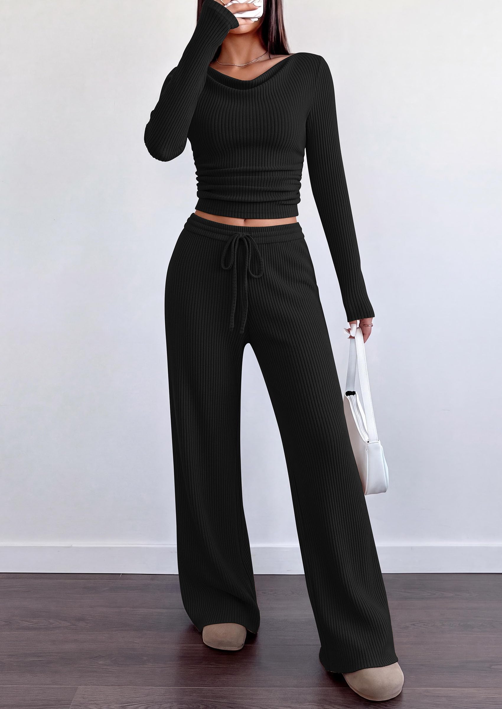 Matching Sets Women Clothing Fall Ribbed 2 Piece Lounge Set